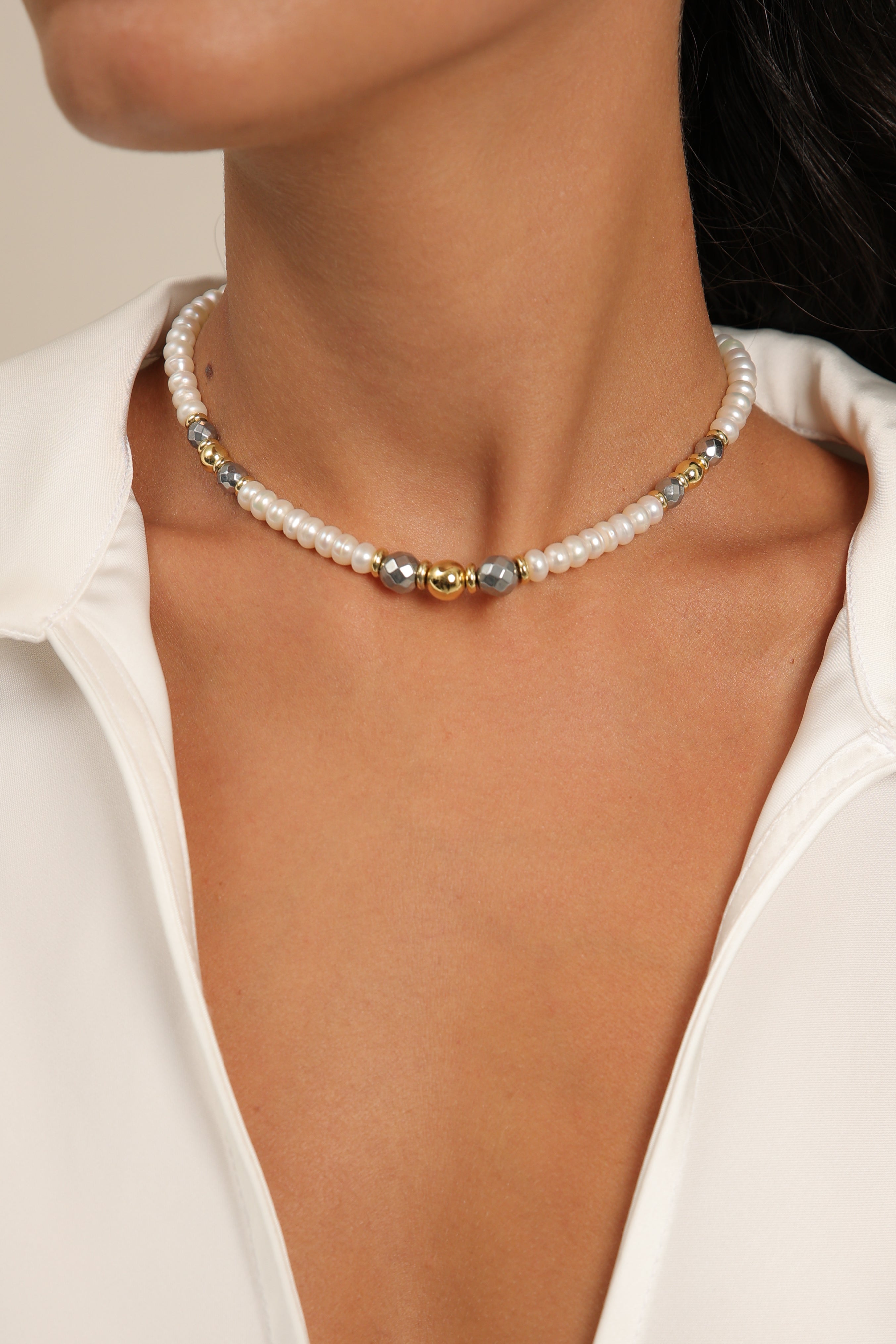 Pearl Choker - Hematite & Spheres