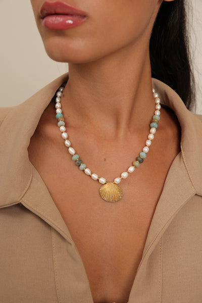Pearl Necklace - Amazonite & Seashell Pendant