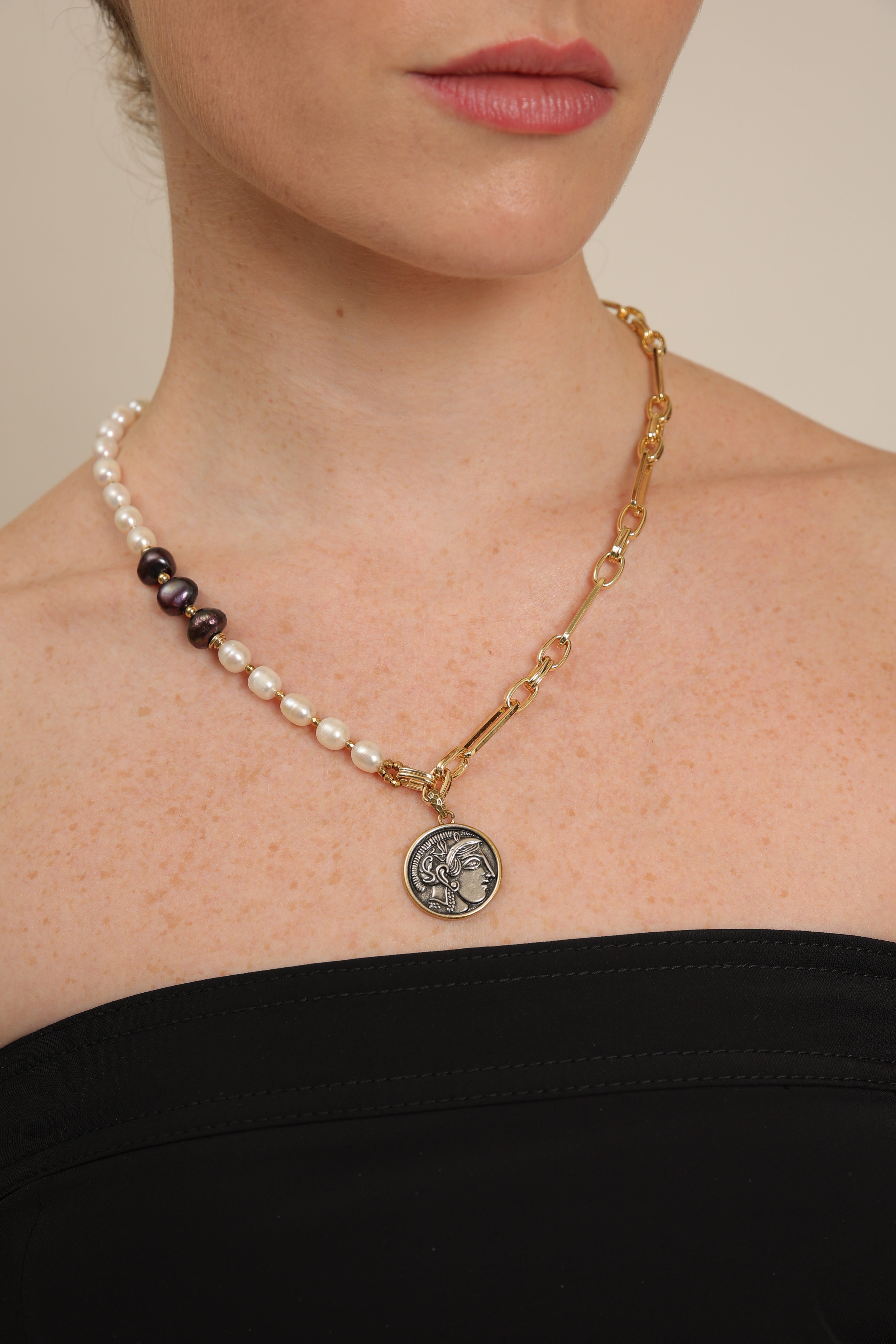 Pearl Necklace with Half Gold Links