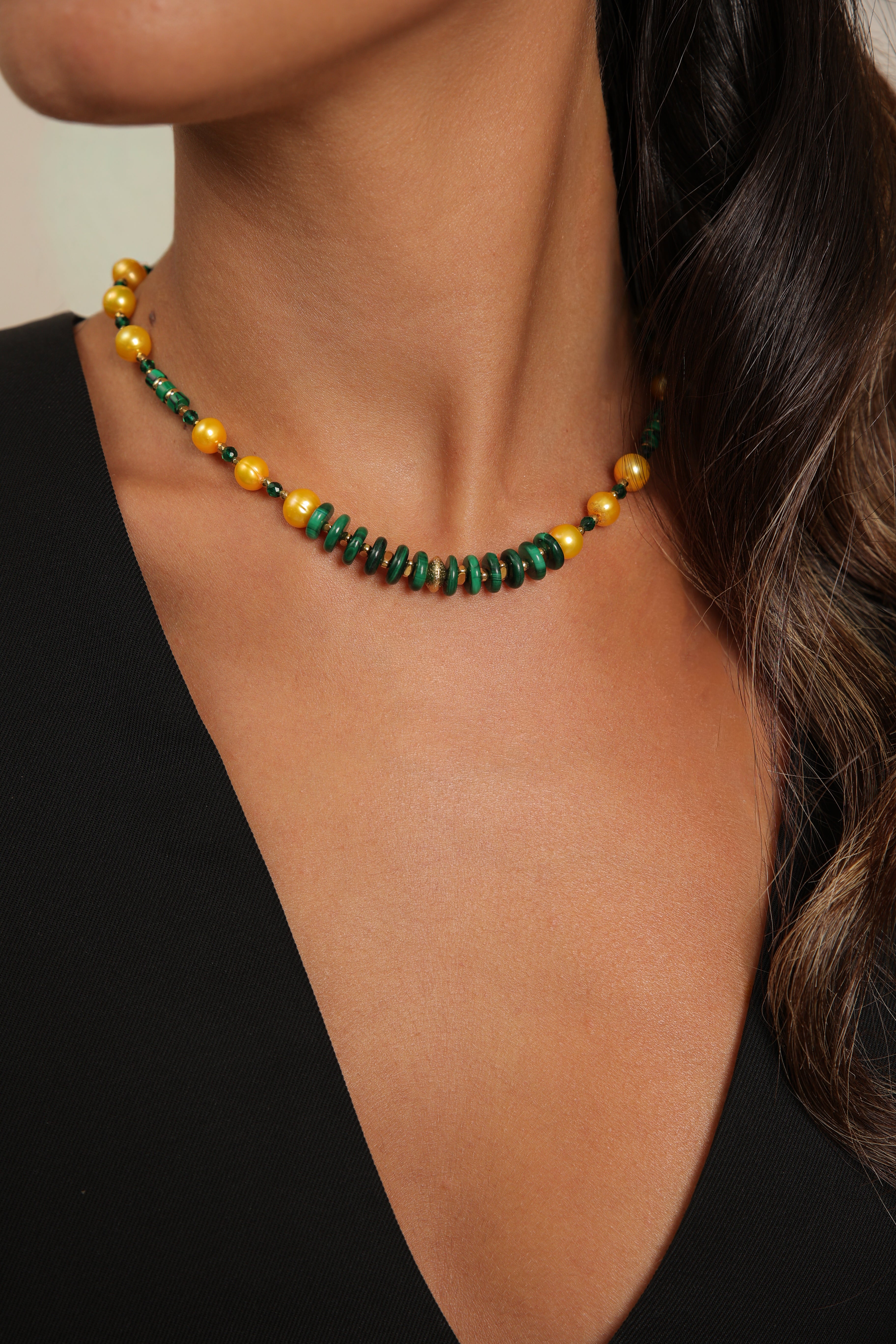 Pearl Necklace with Yellow Pearls & Malachite