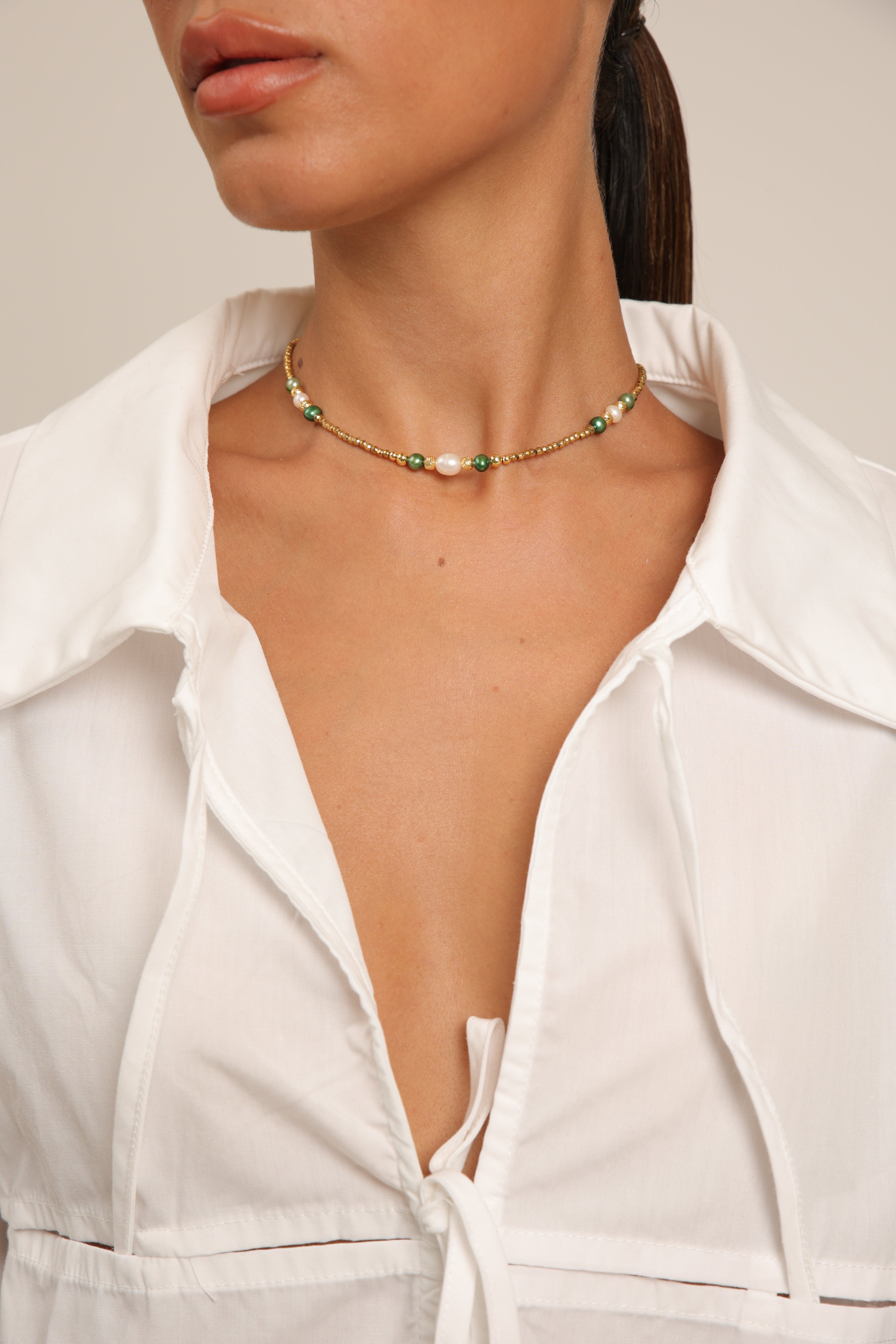 Hematite Choker with Green & White Pearls