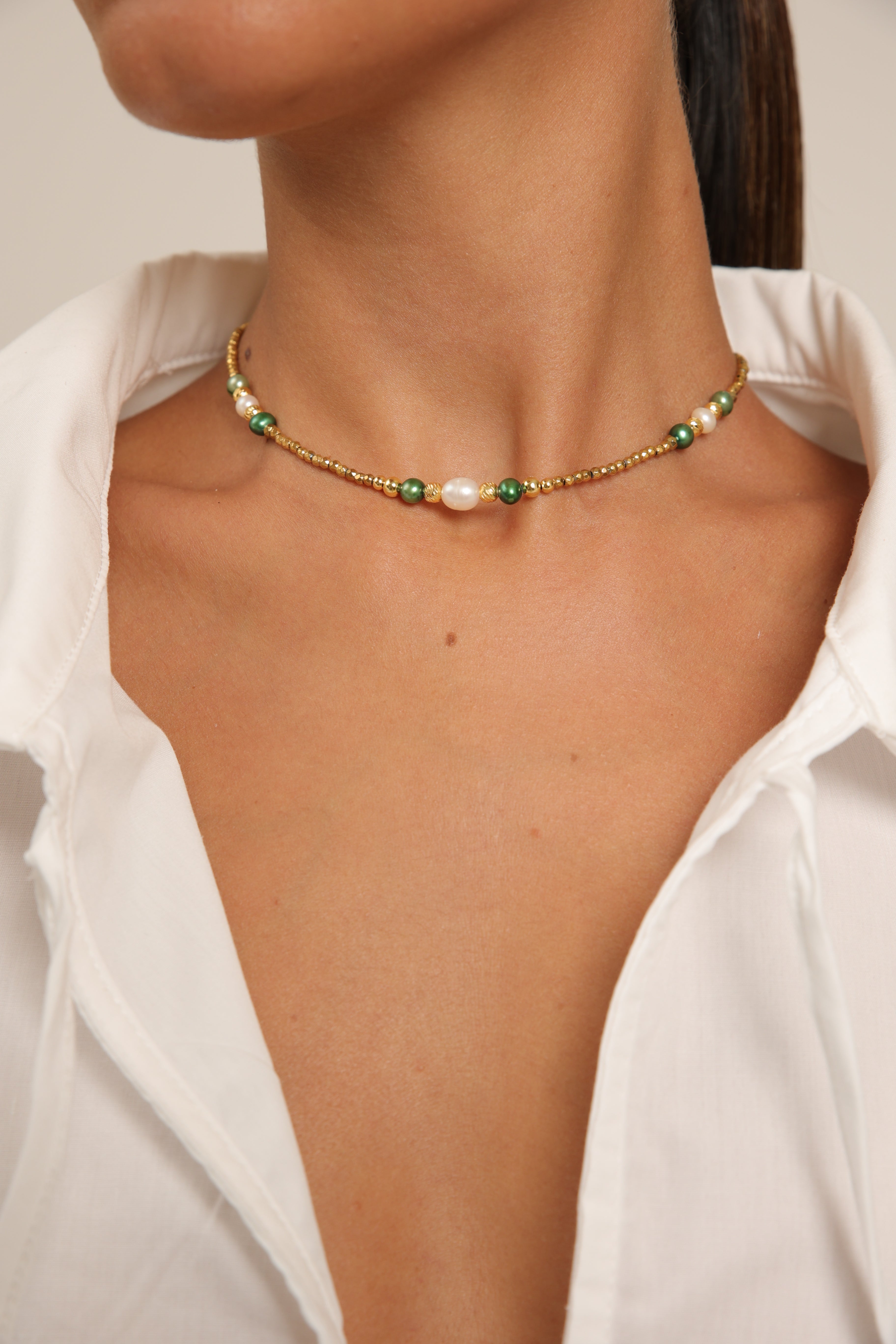 Hematite Choker with Green & White Pearls