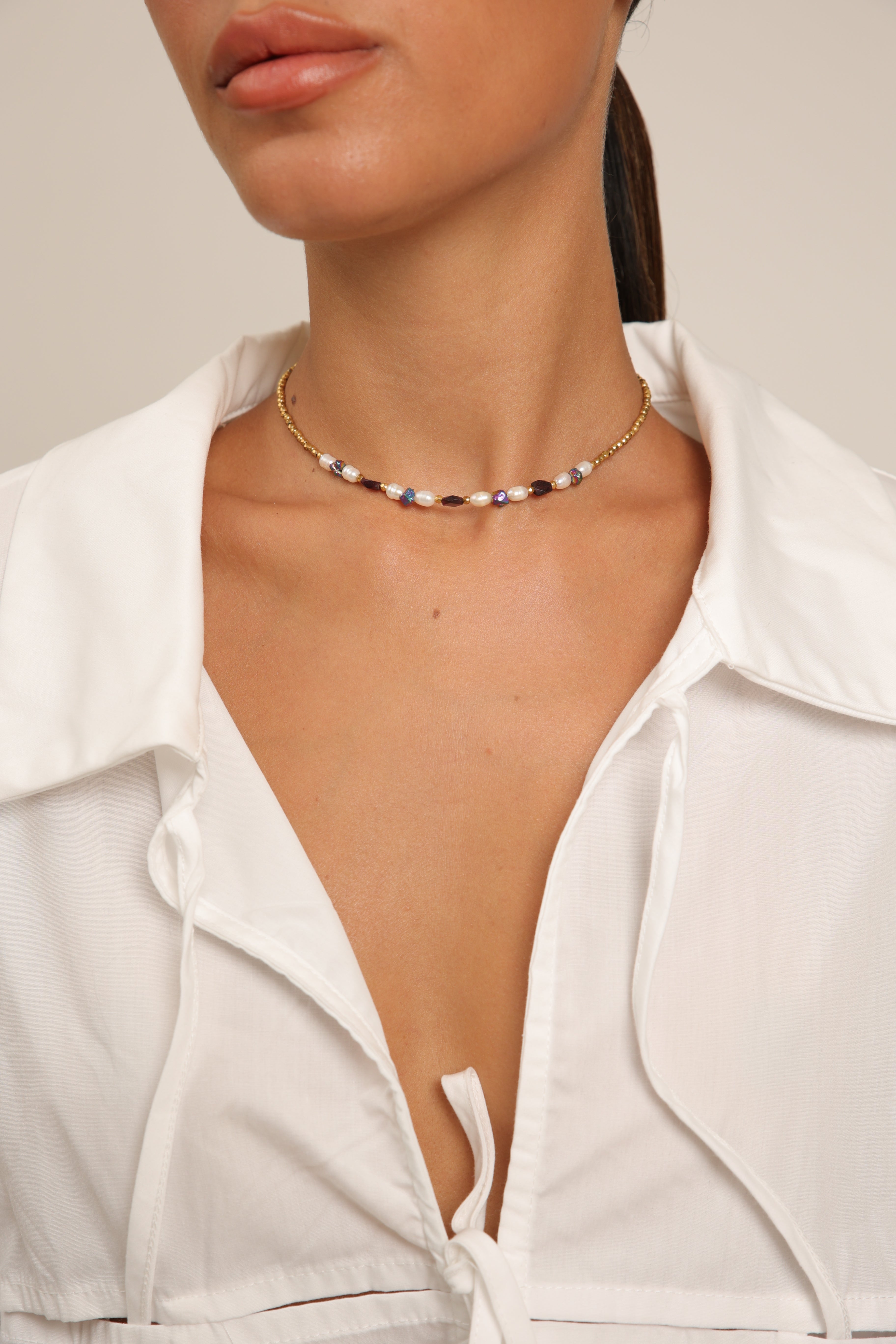 Hematite Choker with Pearl, Pyrite & Garnet