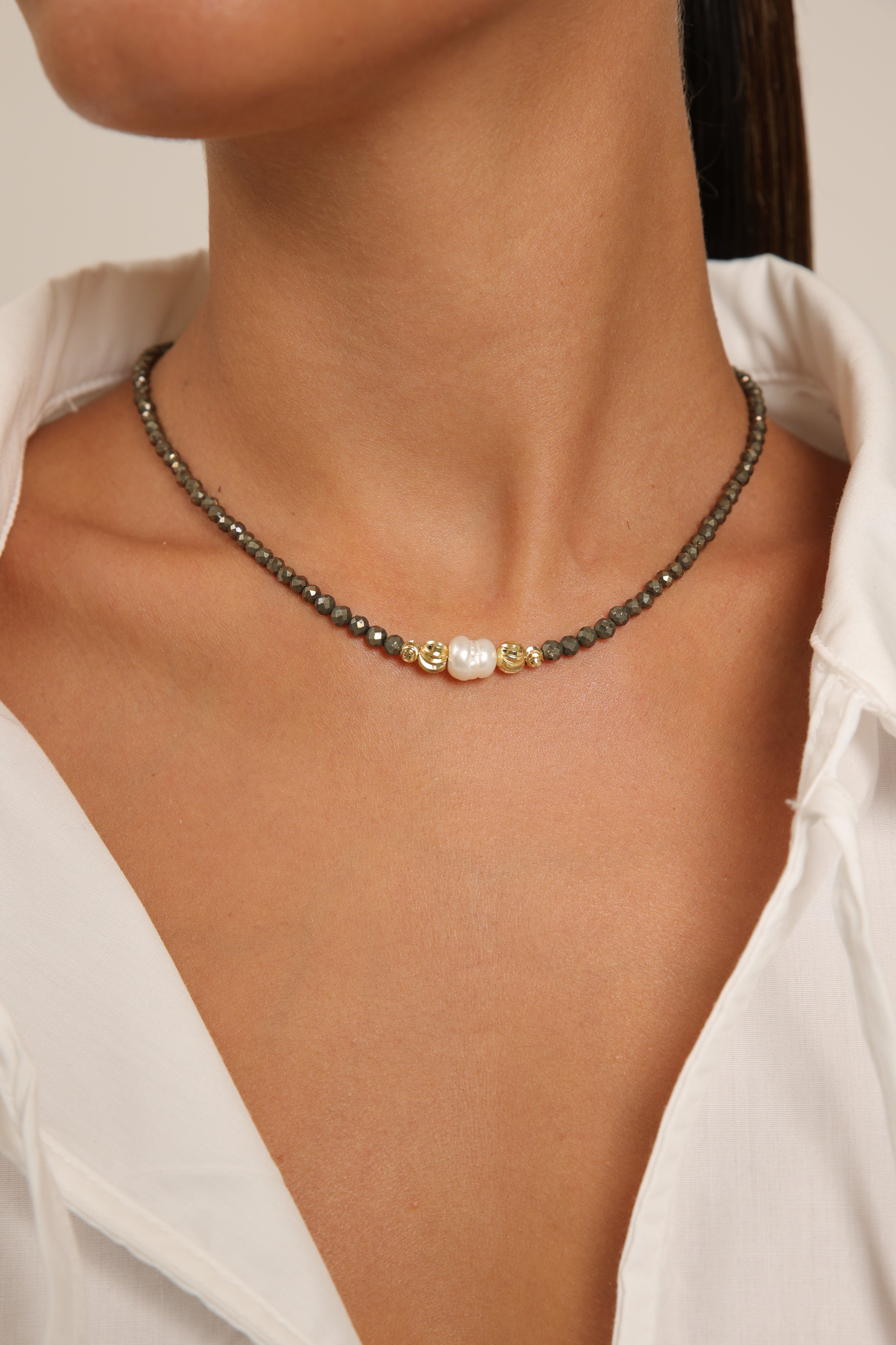 Pyrite Choker with Rice Pearl