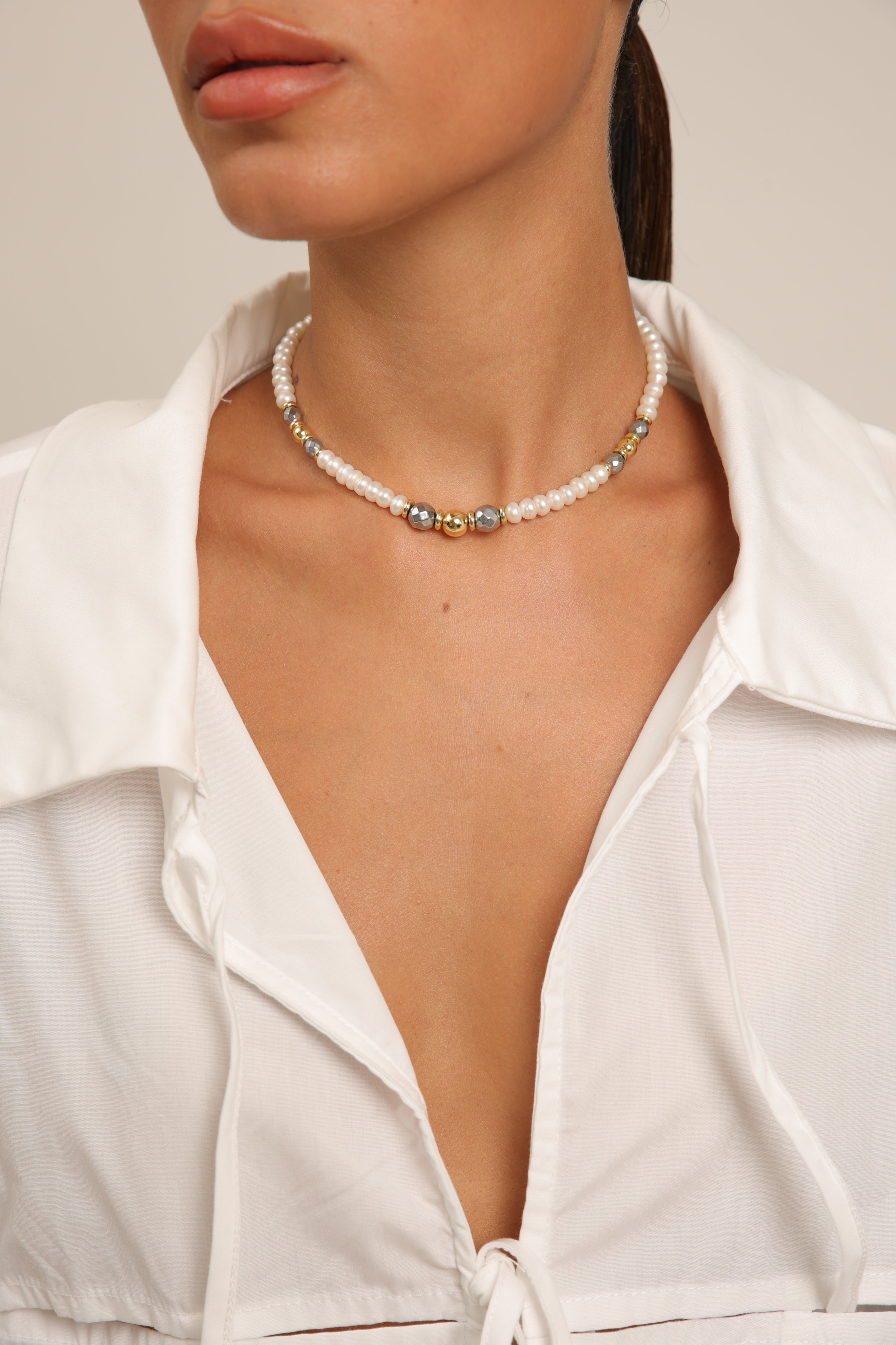 Pearl Choker - Hematite & Spheres
