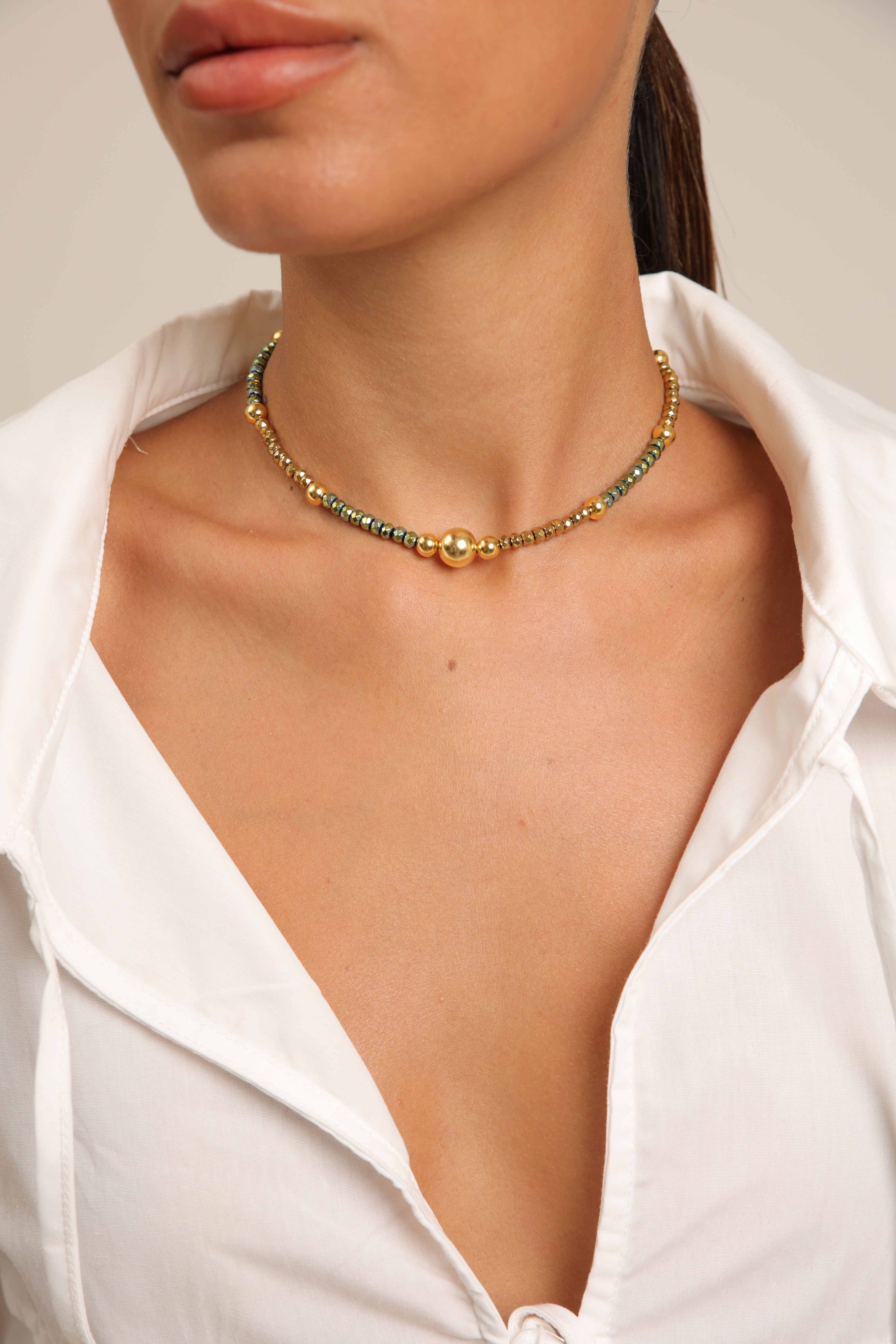 Hematite Choker with Gold Spheres