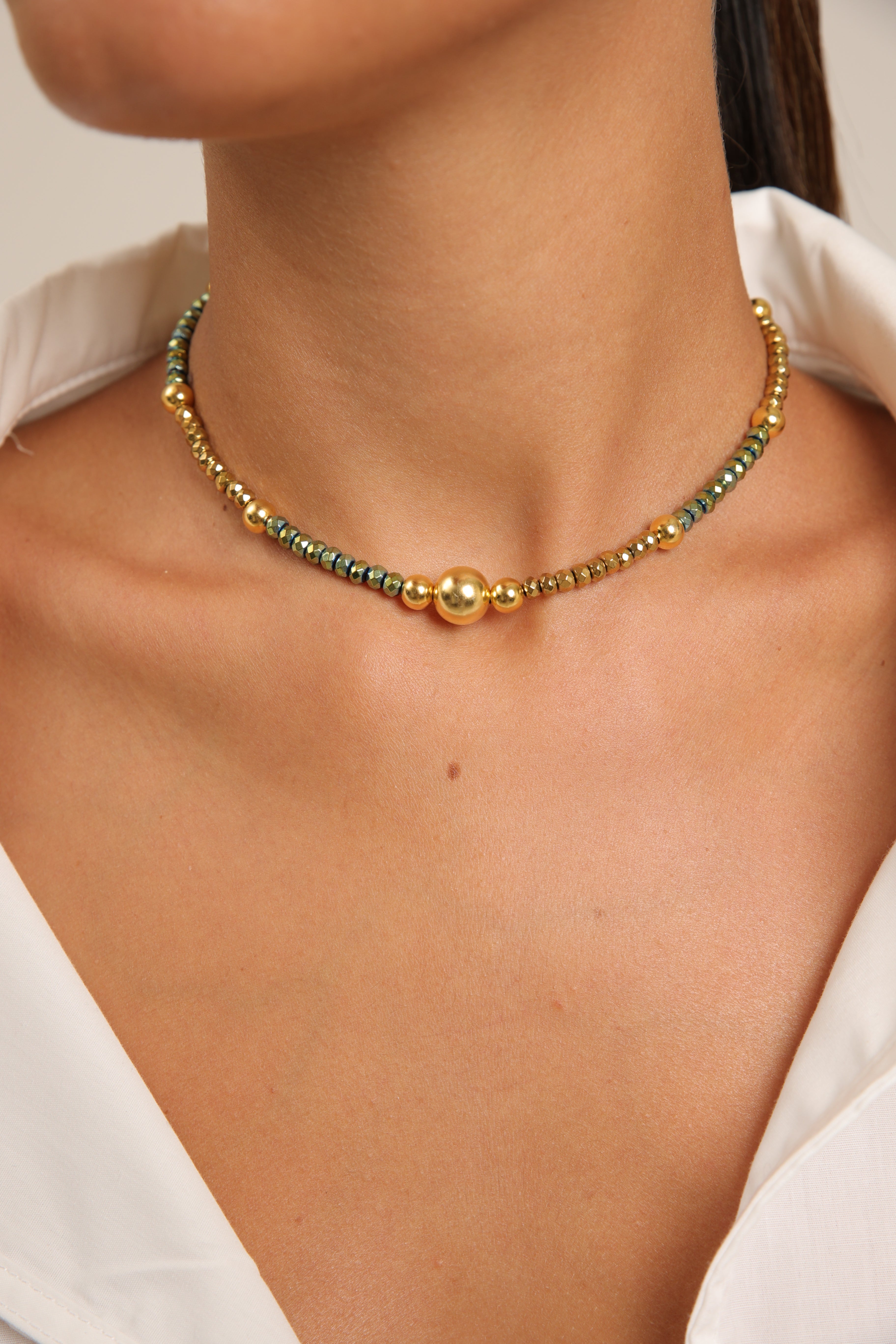 Hematite Choker with Gold Spheres