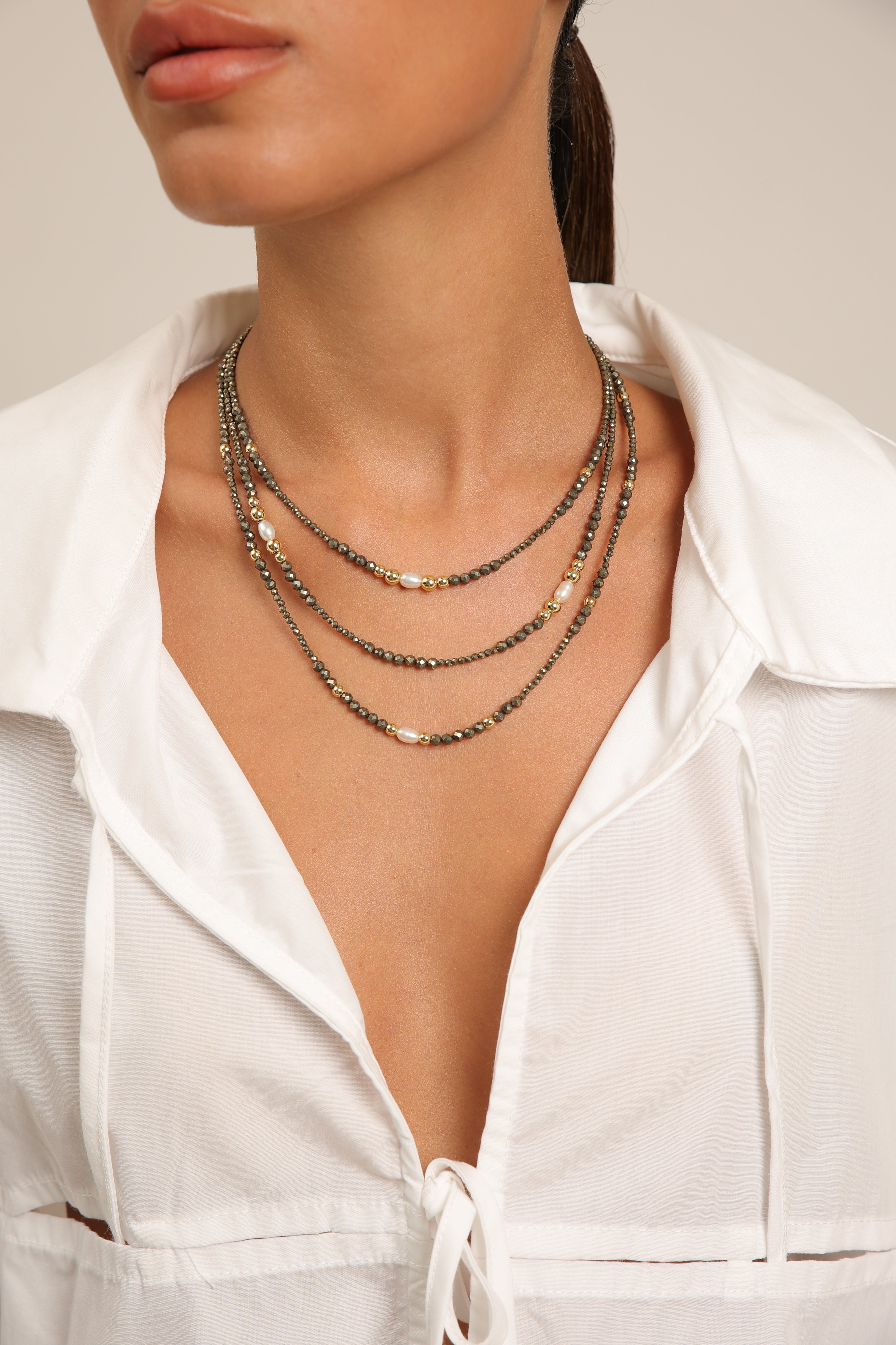 Pyrite Trio Necklace with Rice Pearls