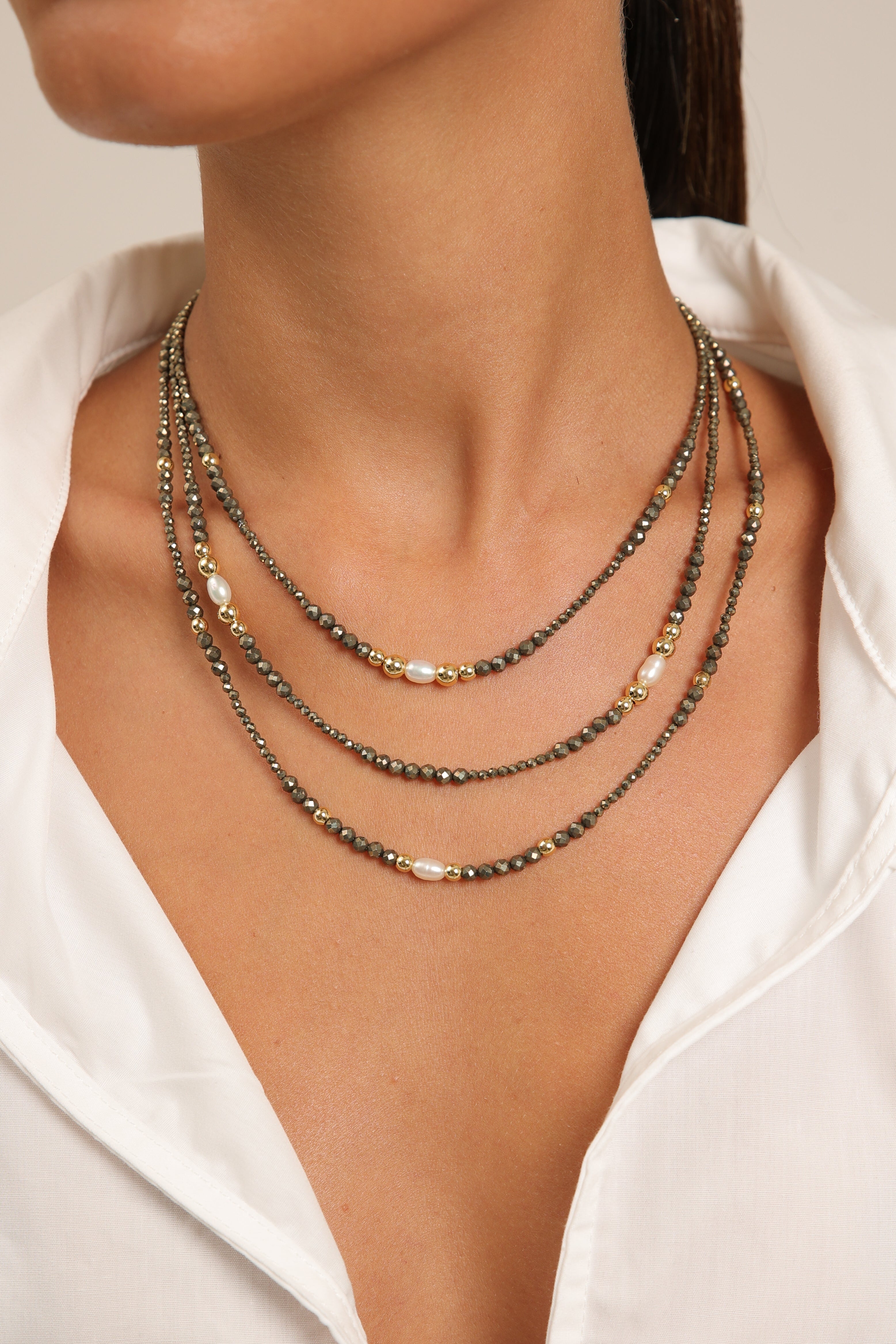 Pyrite Trio Necklace with Rice Pearls