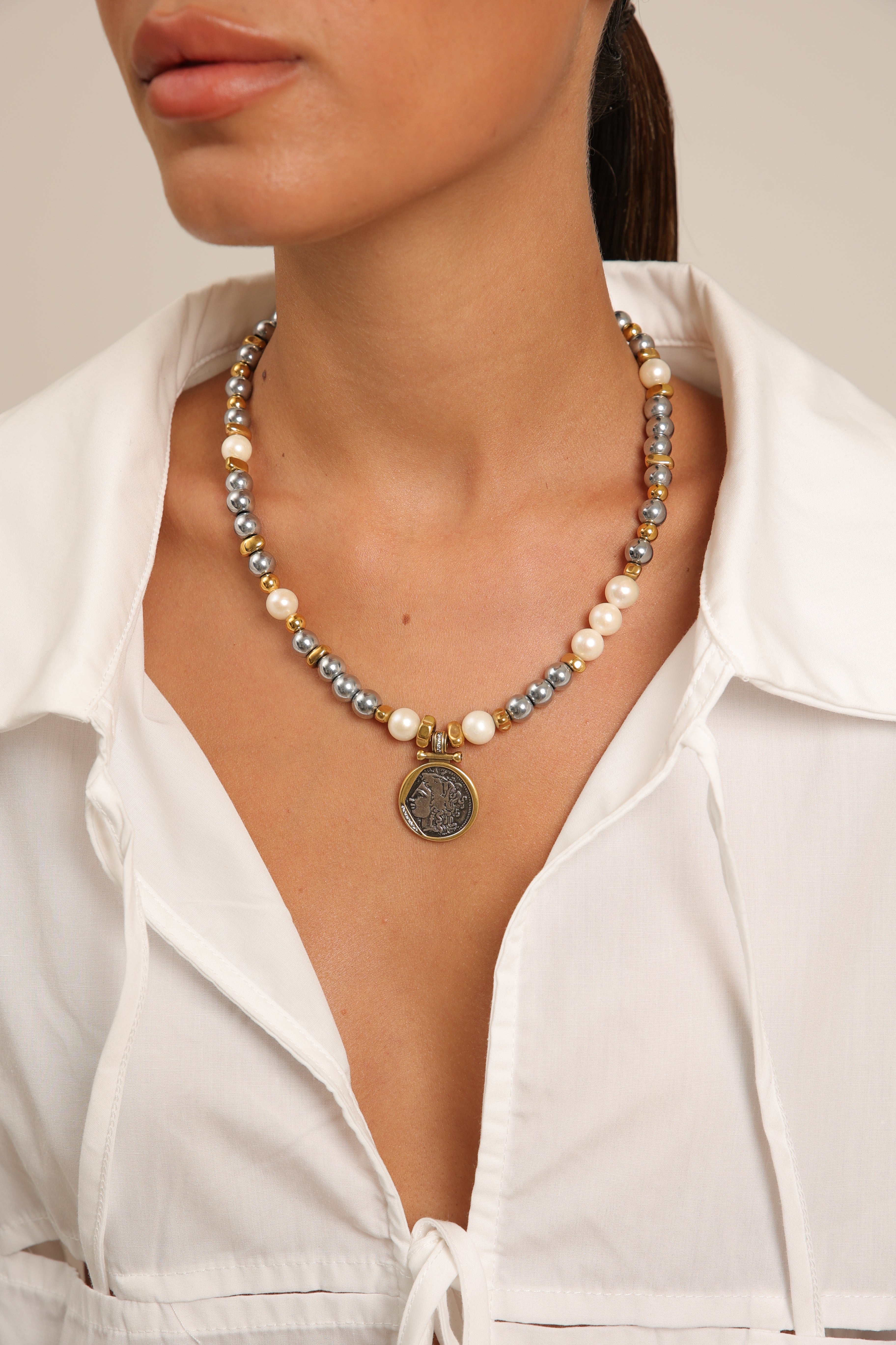 Hematite Necklace with Roman Coin Pendant