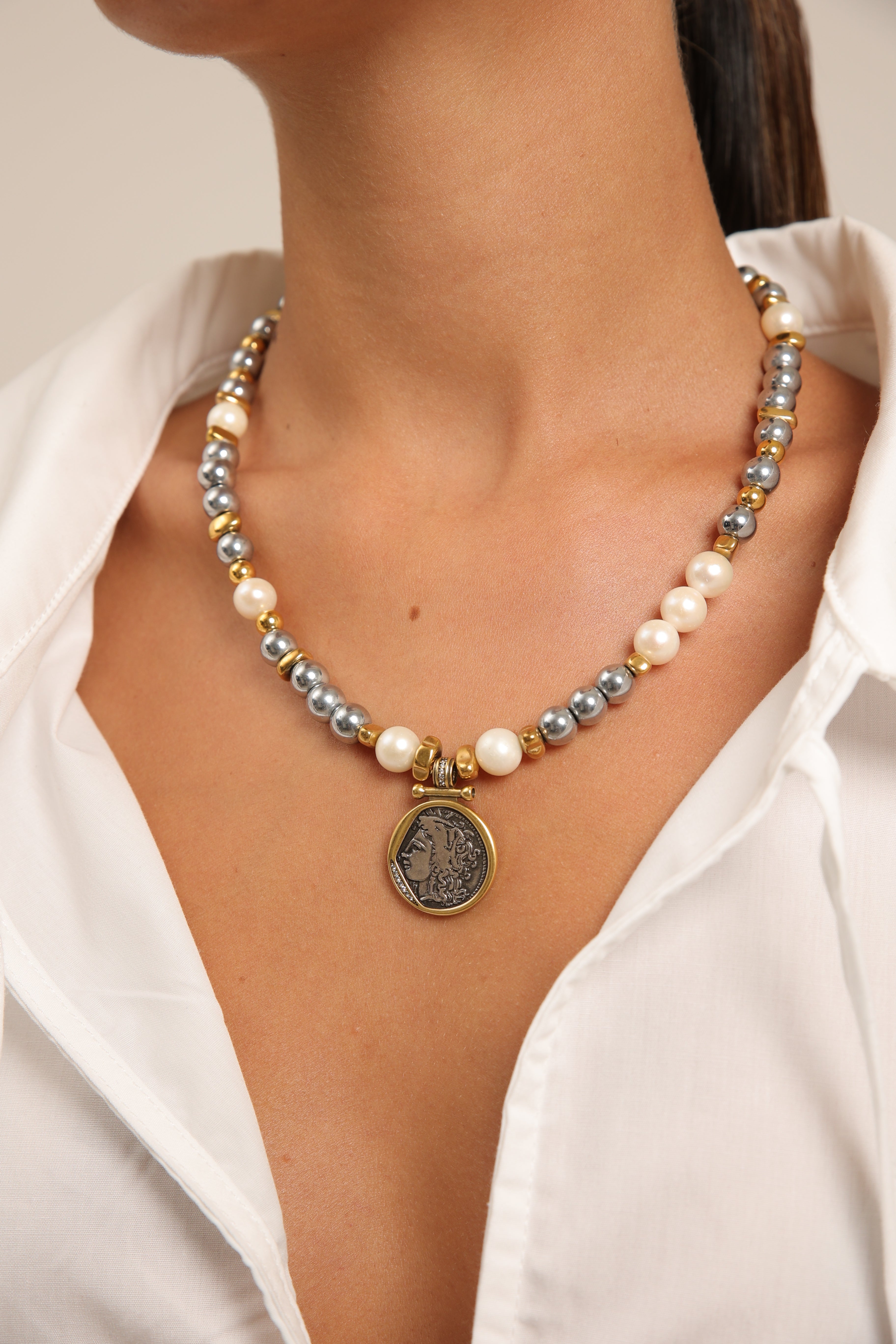 Hematite Necklace with Roman Coin Pendant