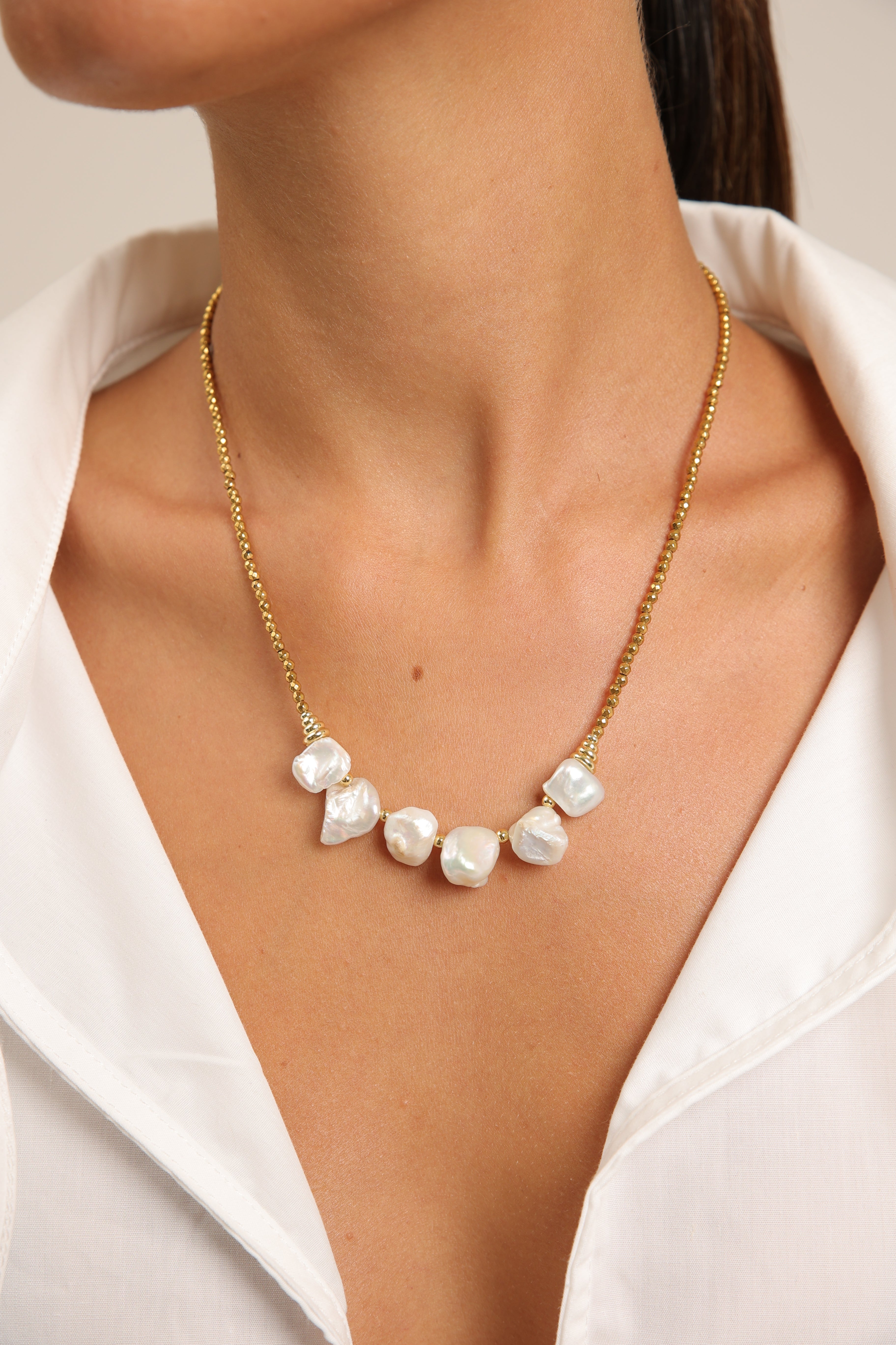 Pearl Necklace and Gold Hematite