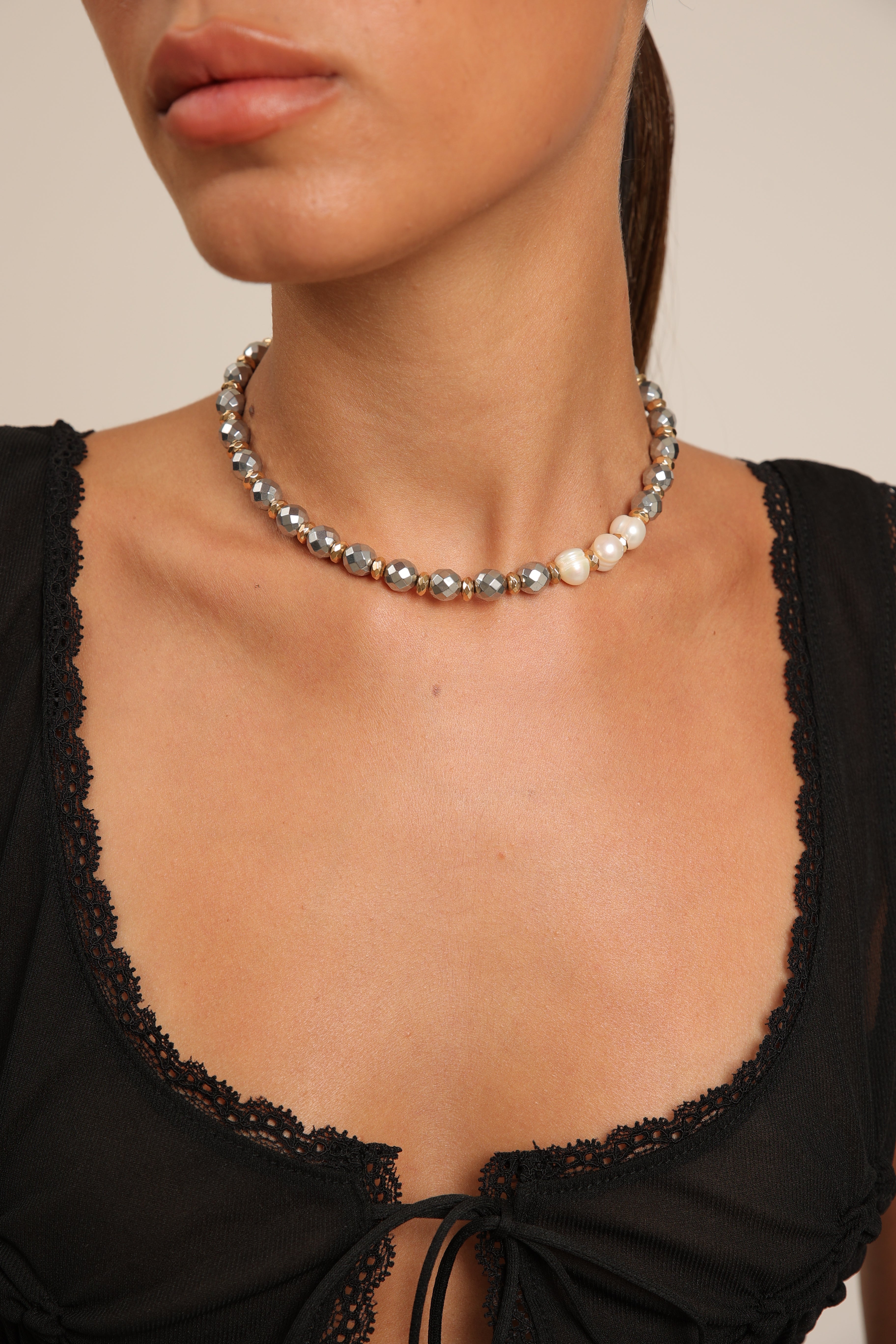 Hematite Choker with Pearls