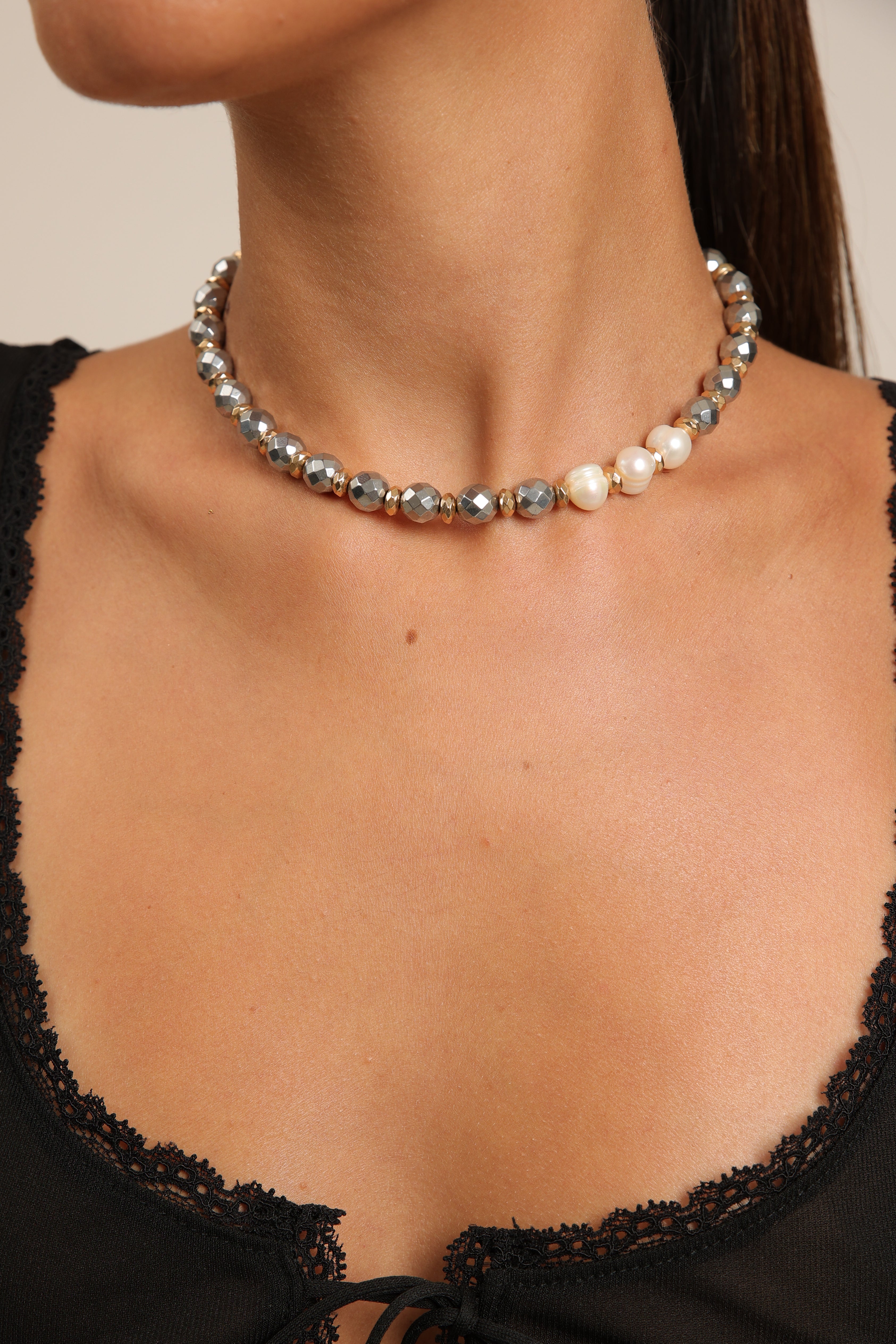 Hematite Choker with Pearls