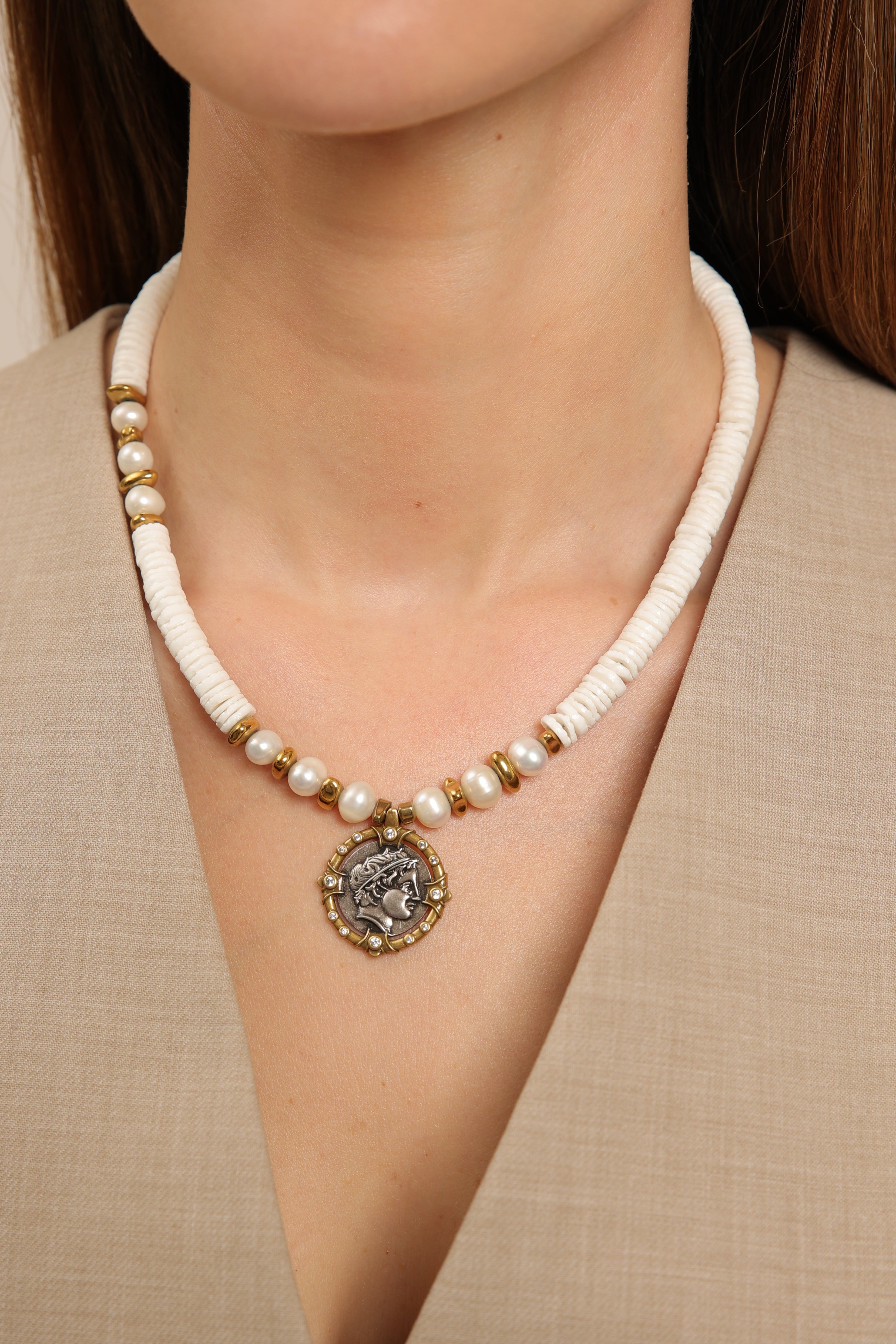 White Coral Choker with Roman Coin Pendant
