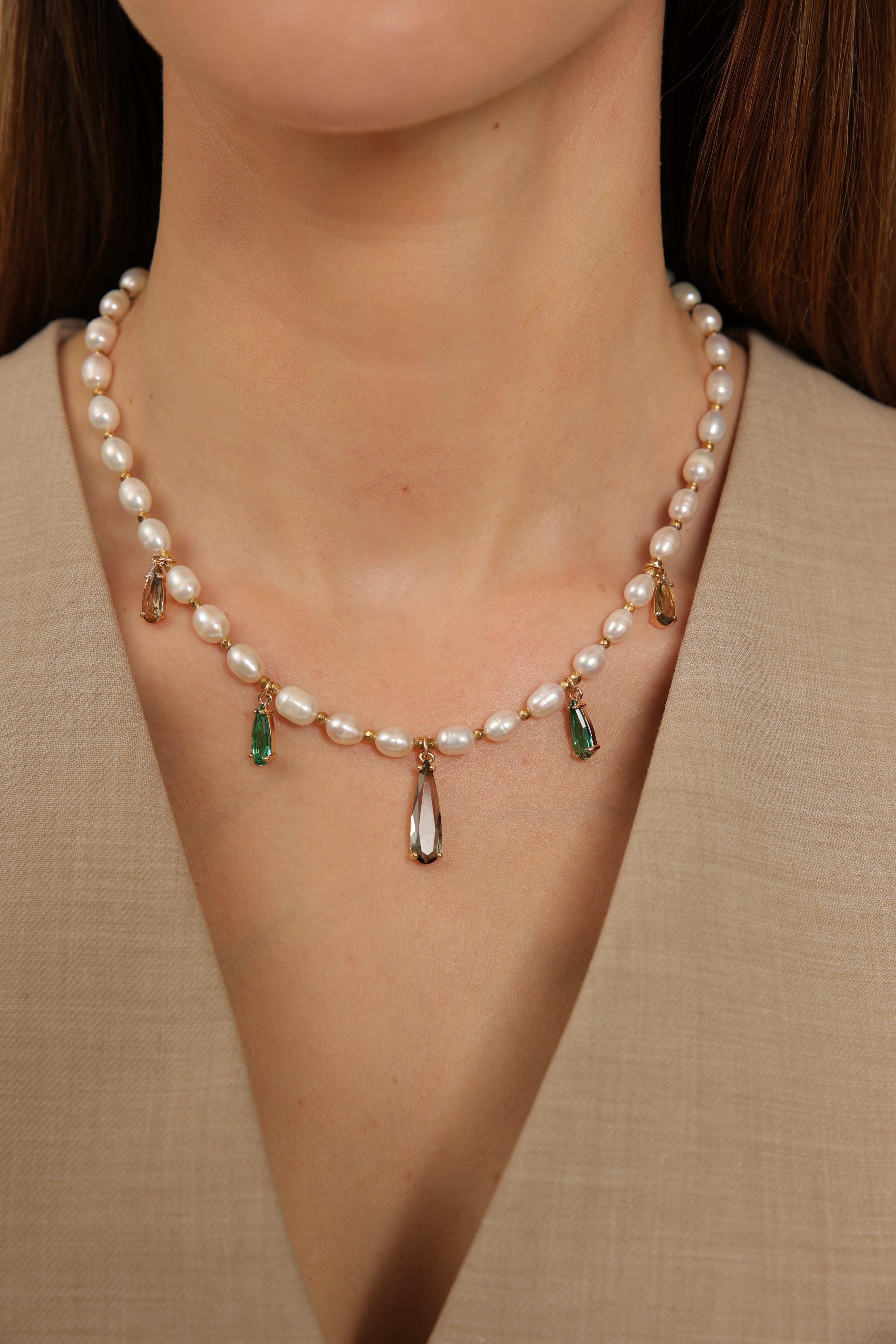 Pearl Necklace with Colored Teardrop Pendants