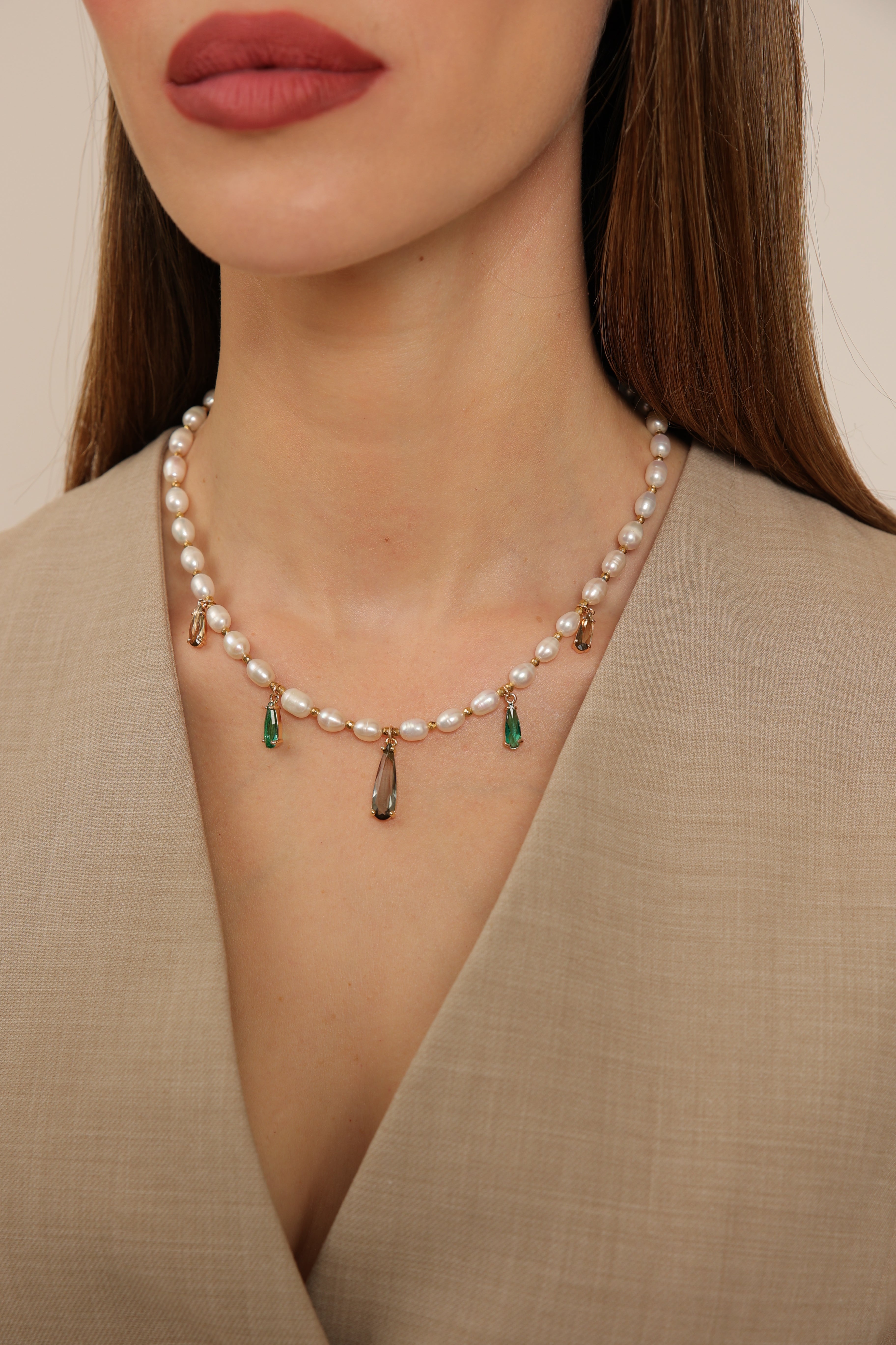 Pearl Necklace with Colored Teardrop Pendants