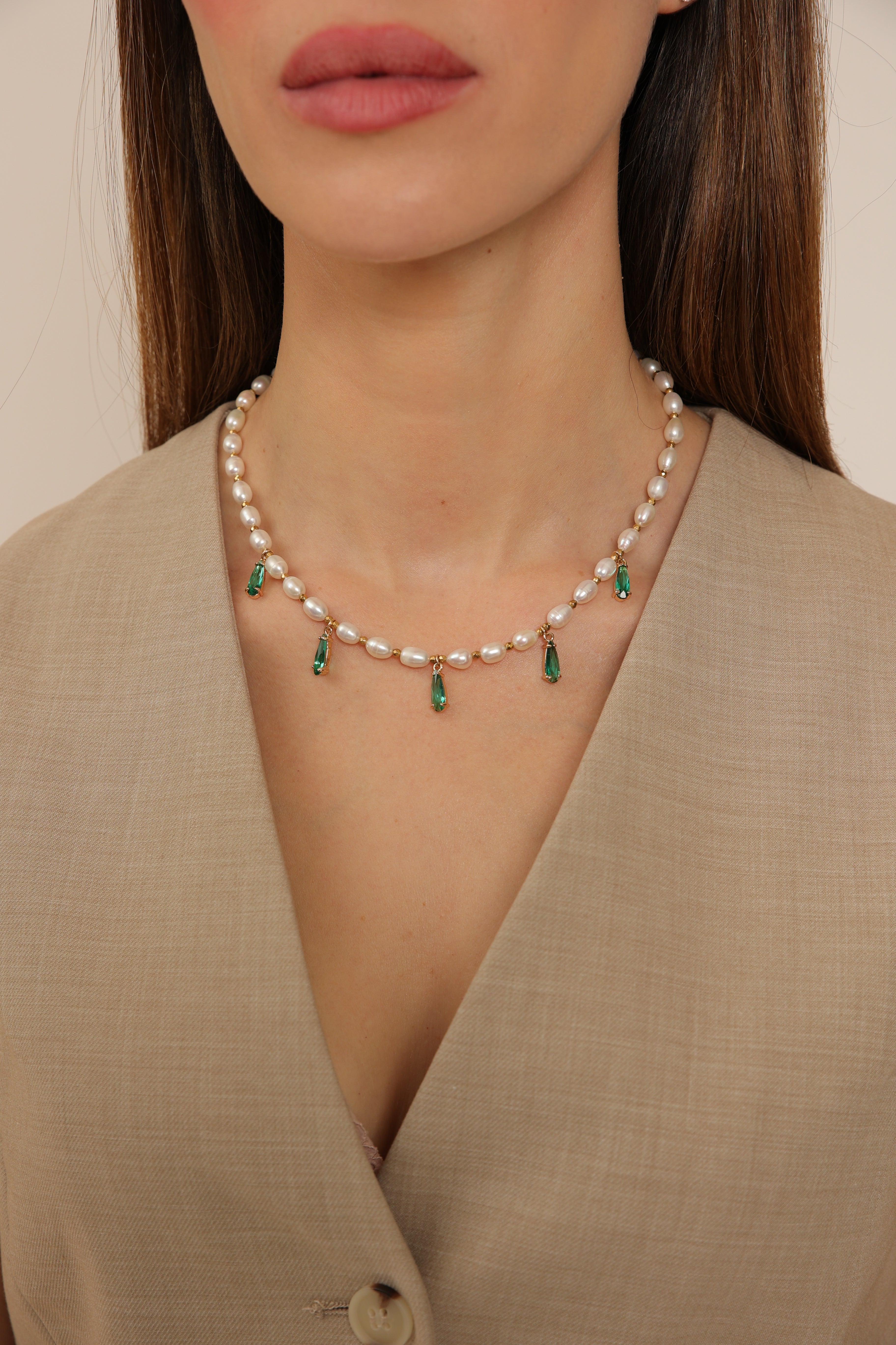 Pearl Necklace with Green Teardrop Pendants