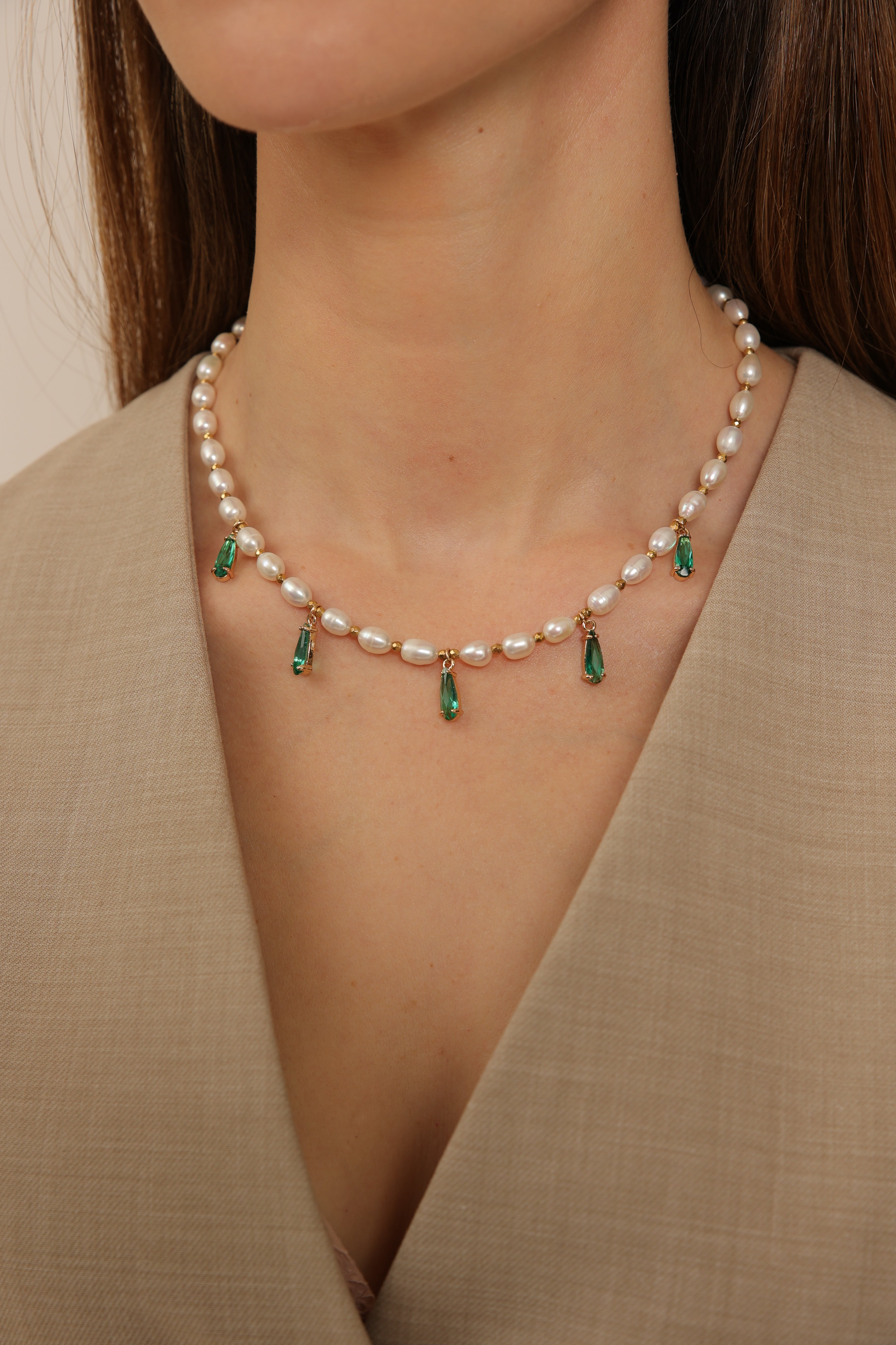 Pearl Necklace with Green Teardrop Pendants