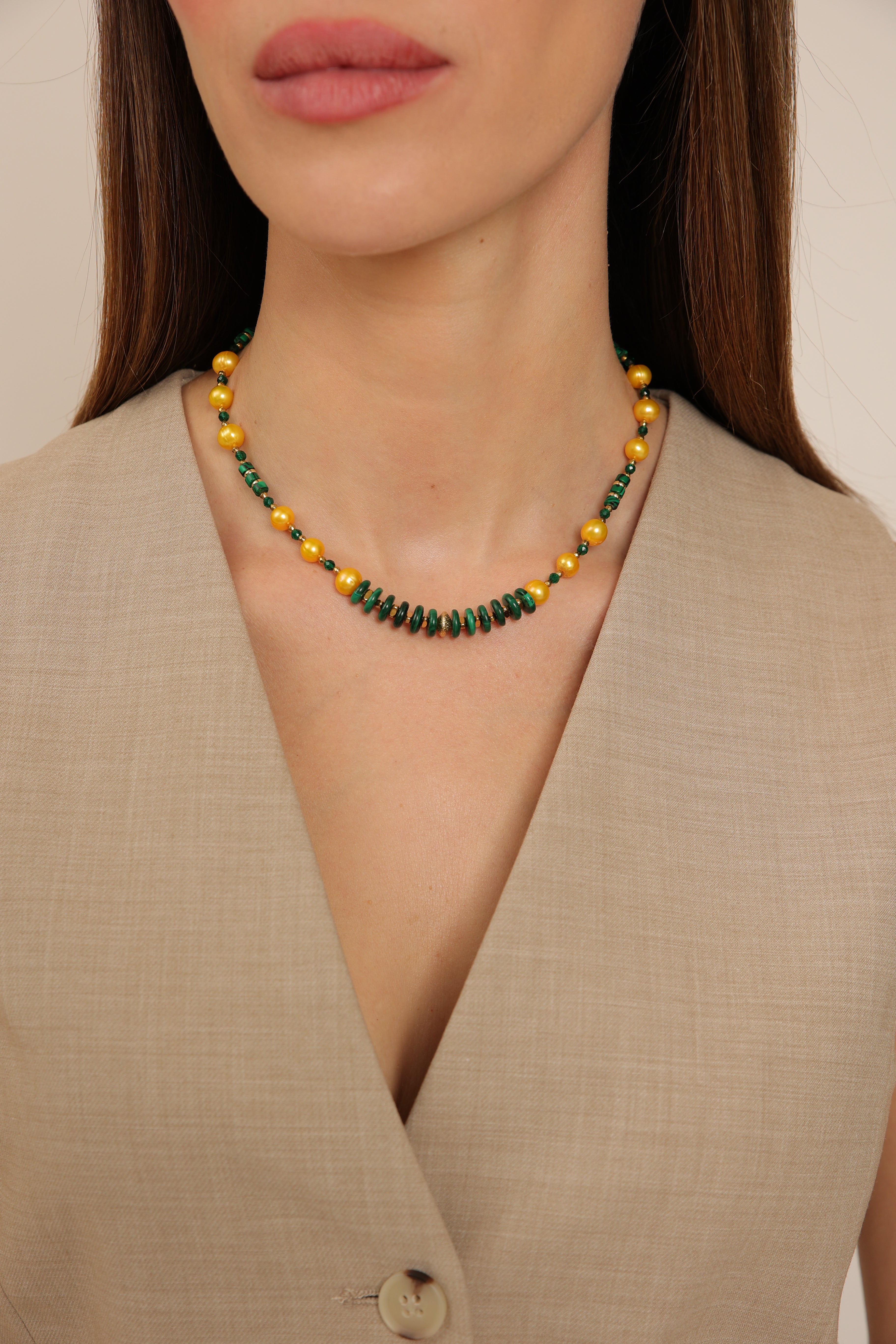 Pearl Necklace with Yellow Pearls & Malachite