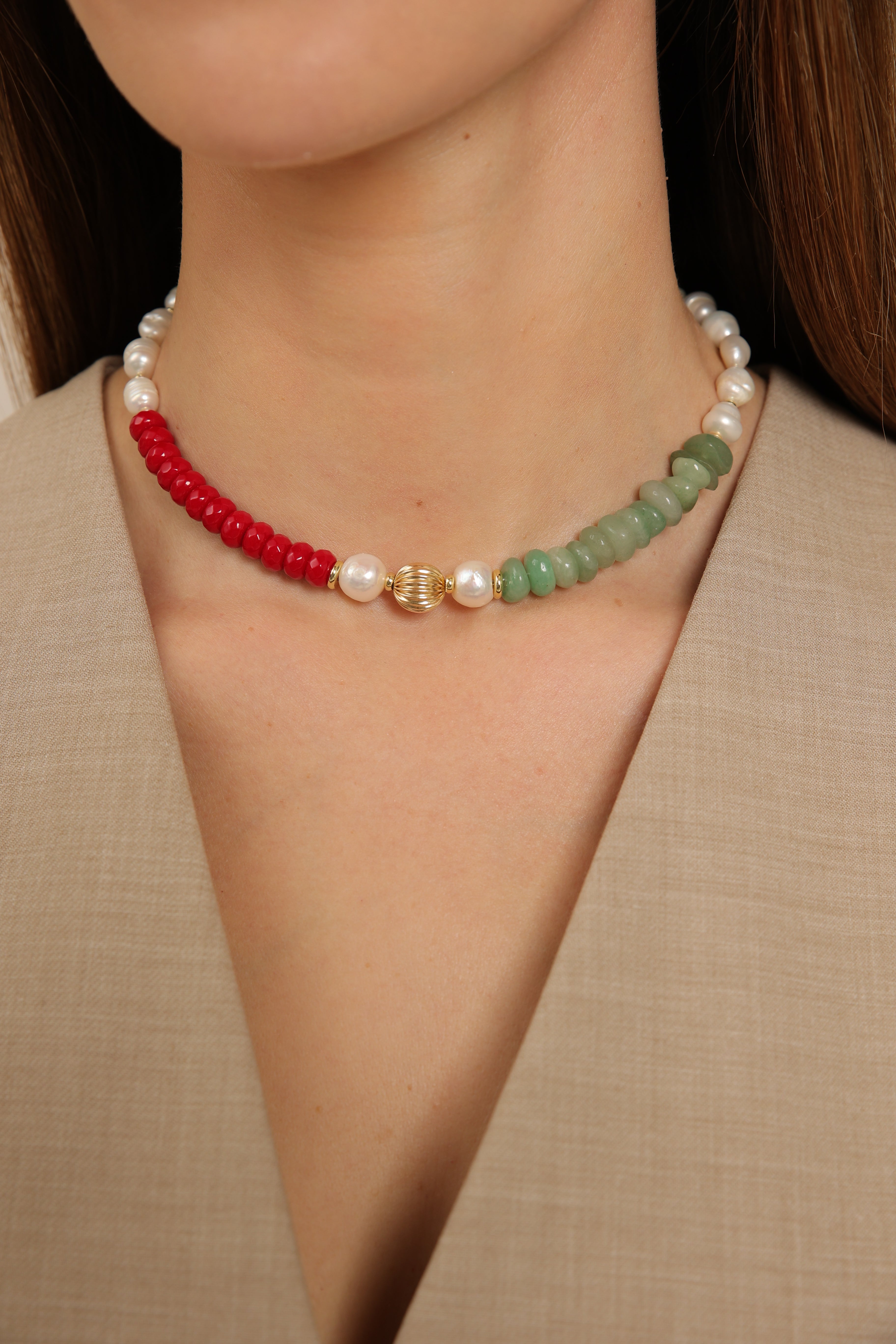 Aventurine, Jade and  Pearl Choker