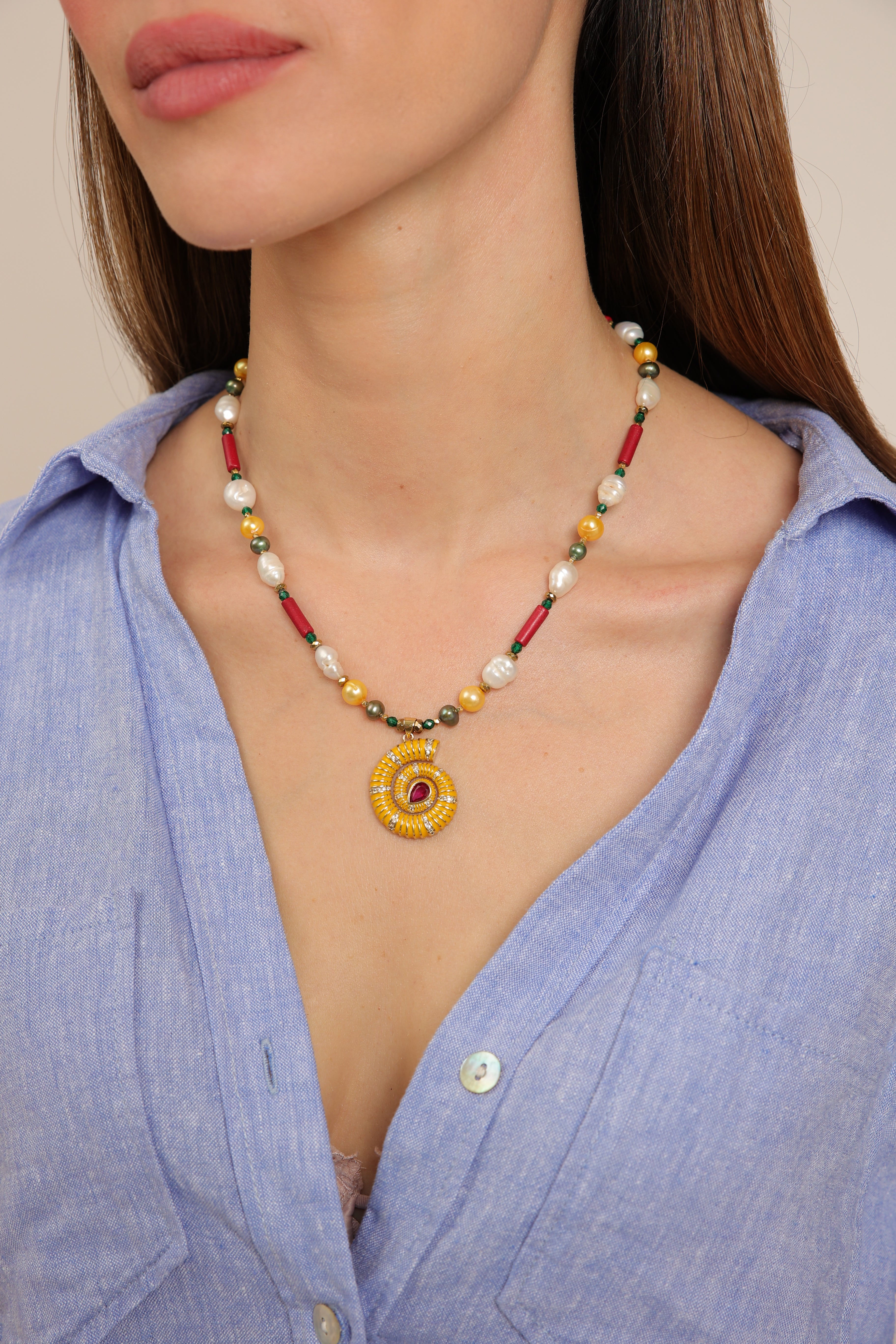Pearl Necklace with Nautilus Shell Pendant