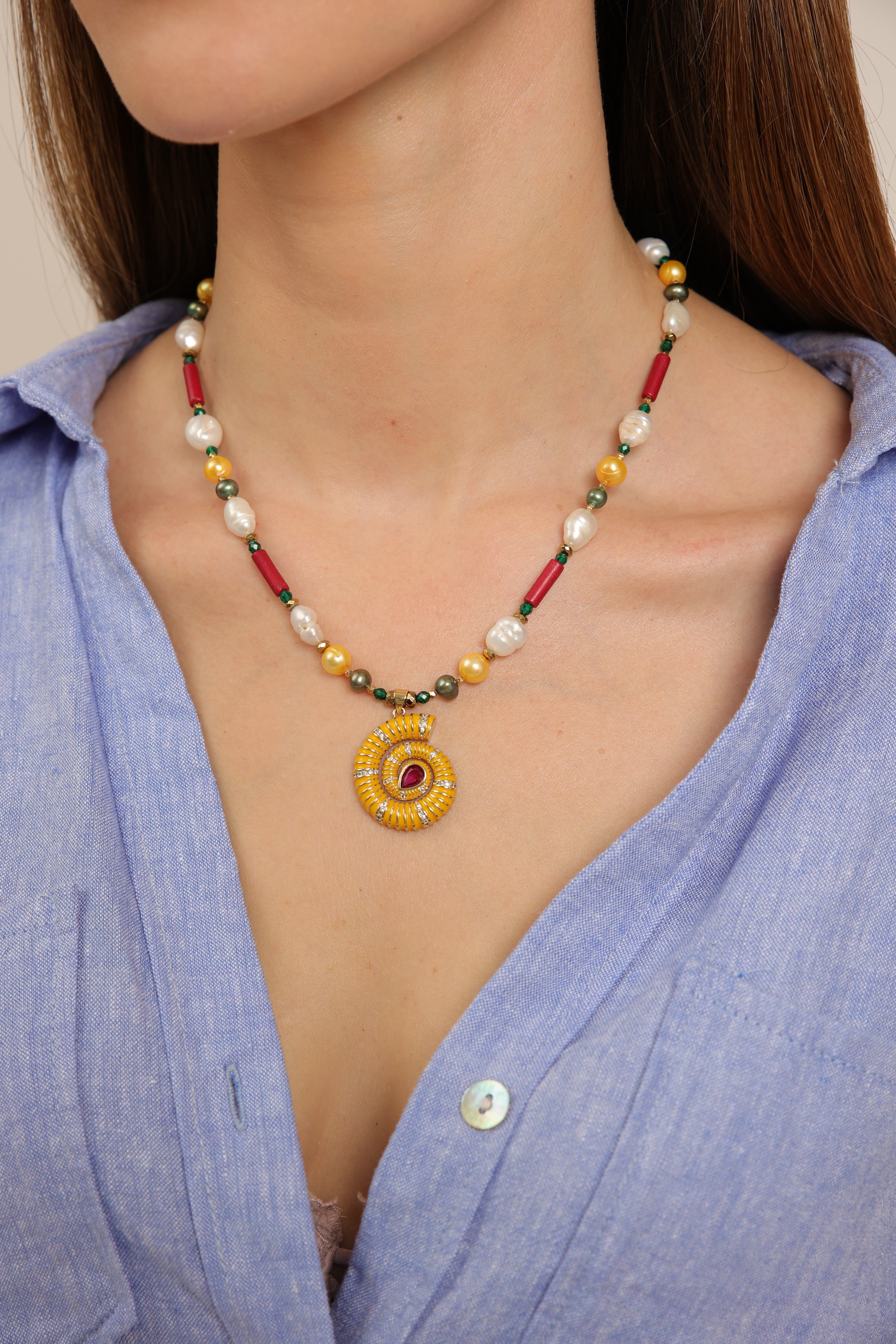 Pearl Necklace with Nautilus Shell Pendant