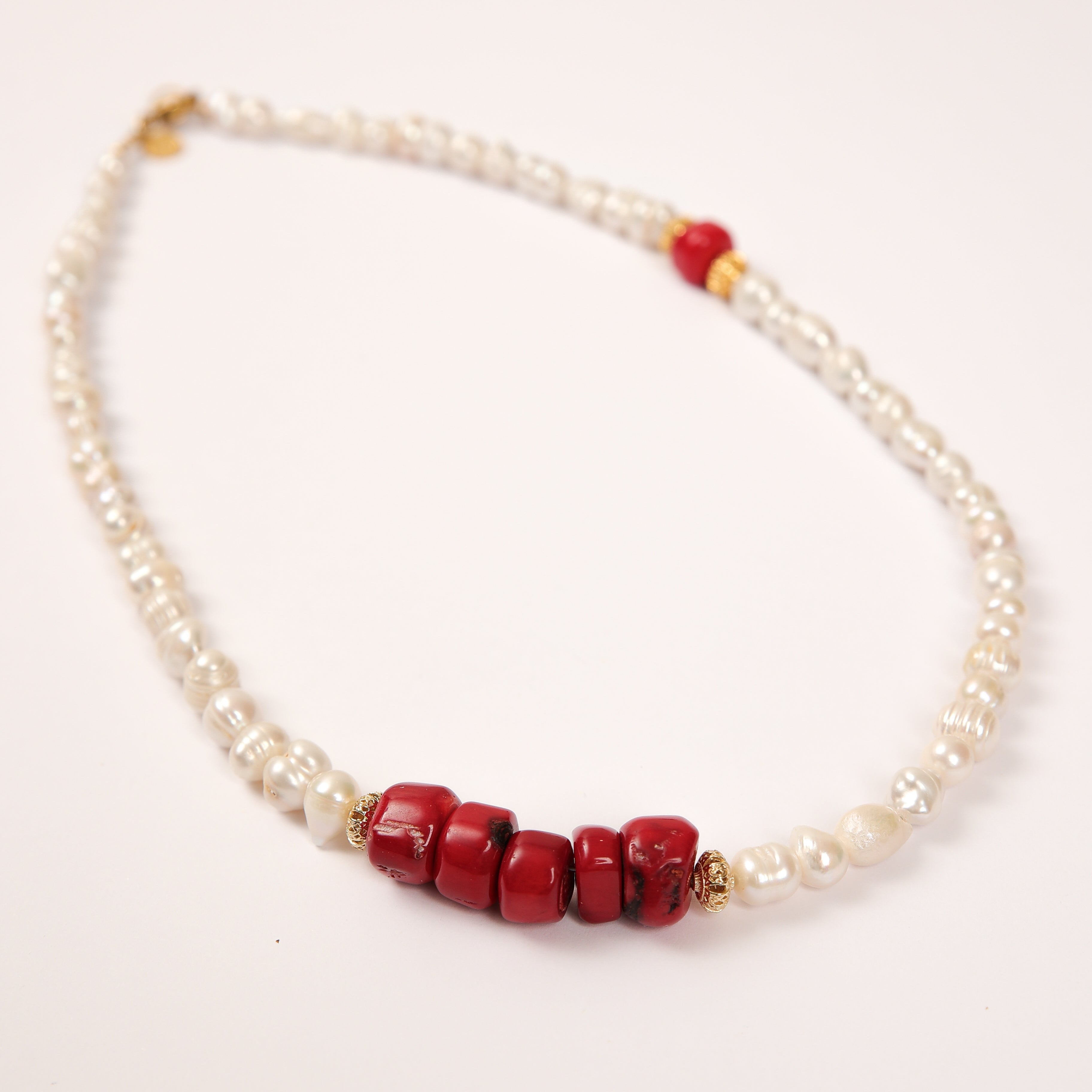 Pearls Necklace with Red Coral