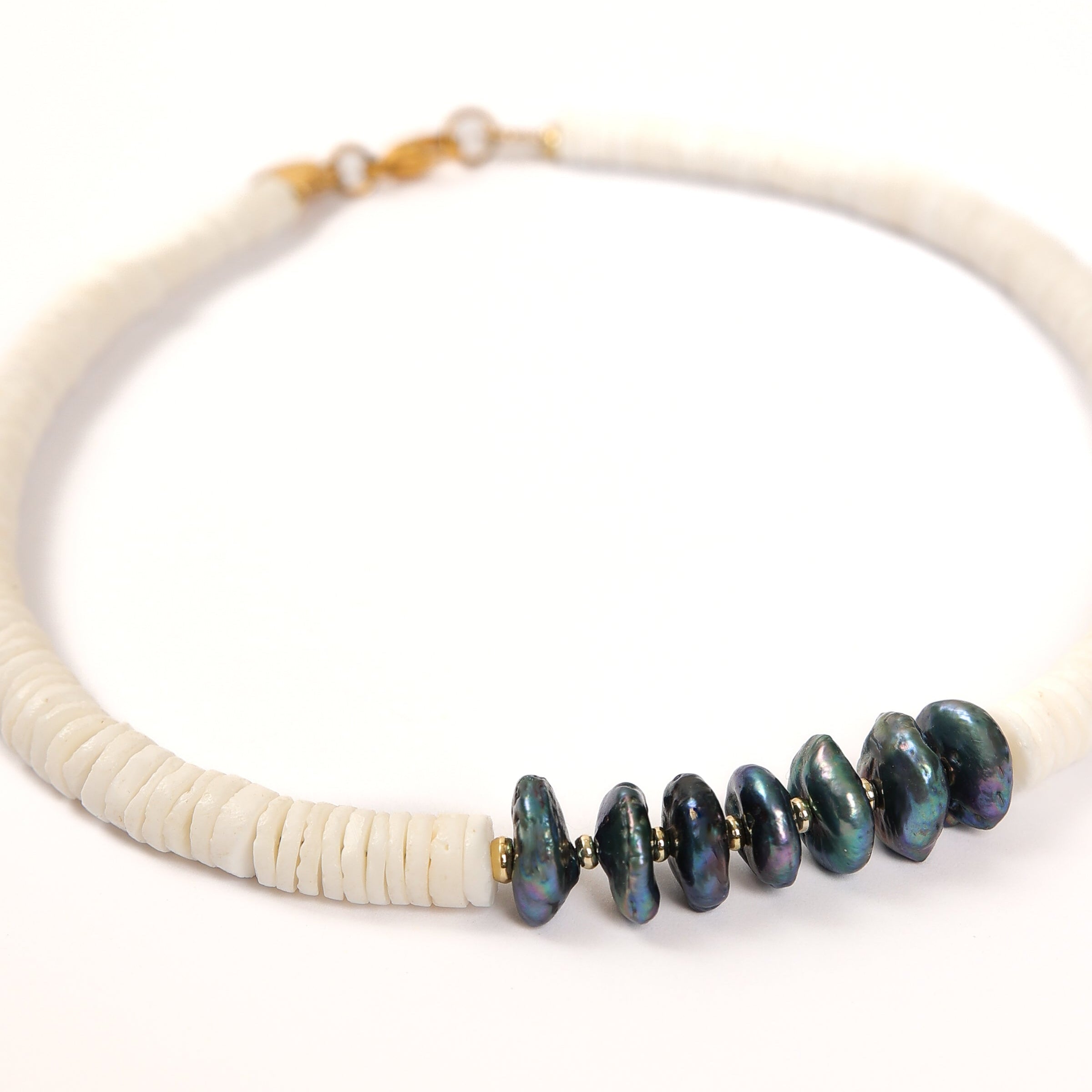White Shell Choker & Peacock Pearls