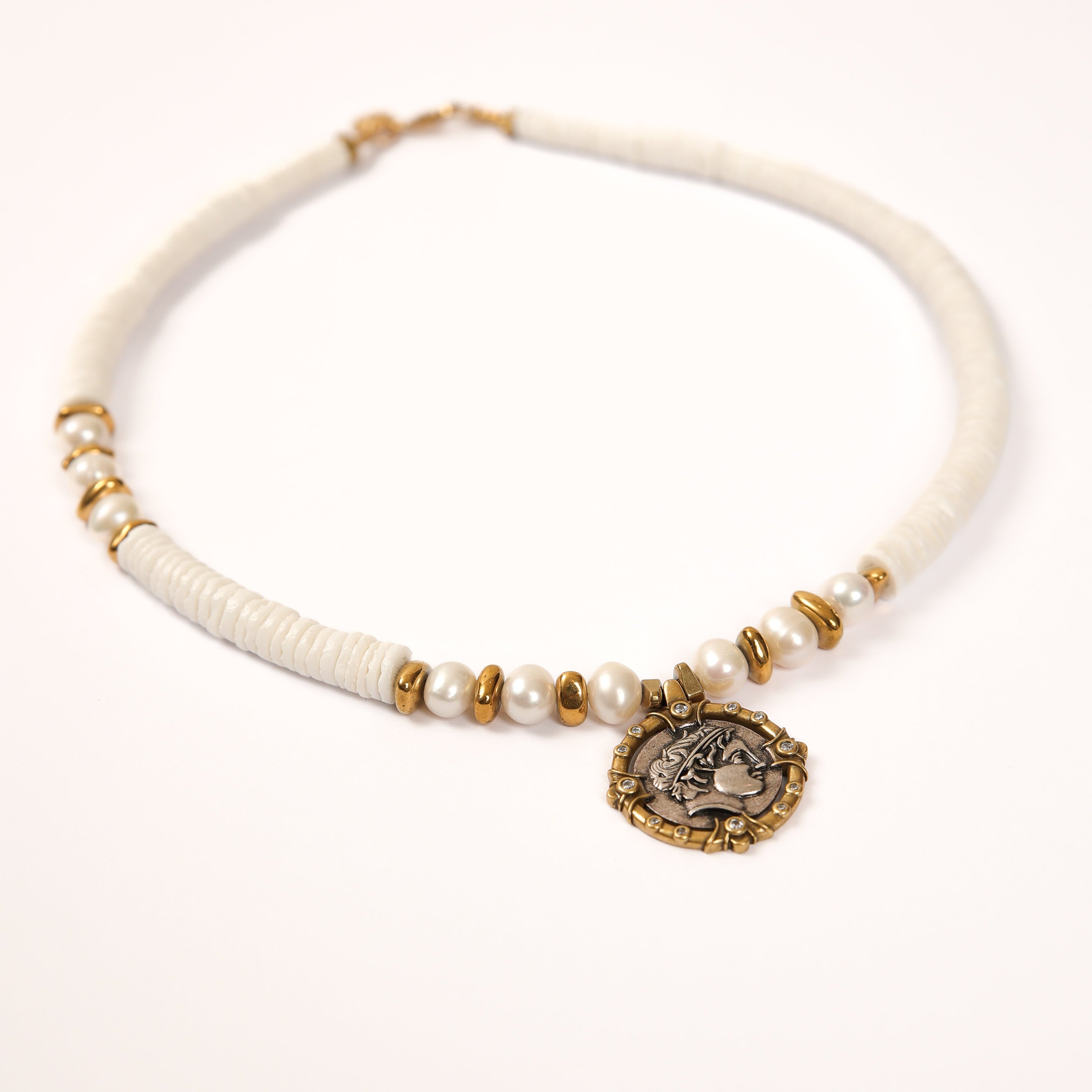 White Shell Necklace with Roman Coin Pendant
