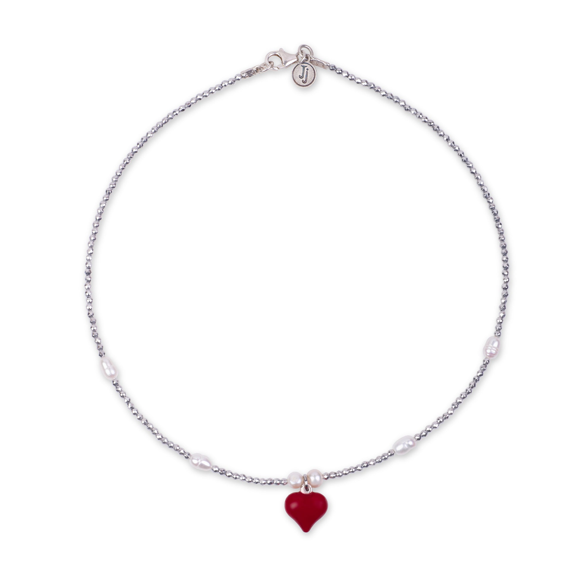 Collar de hematita con colgante de corazón rojo
