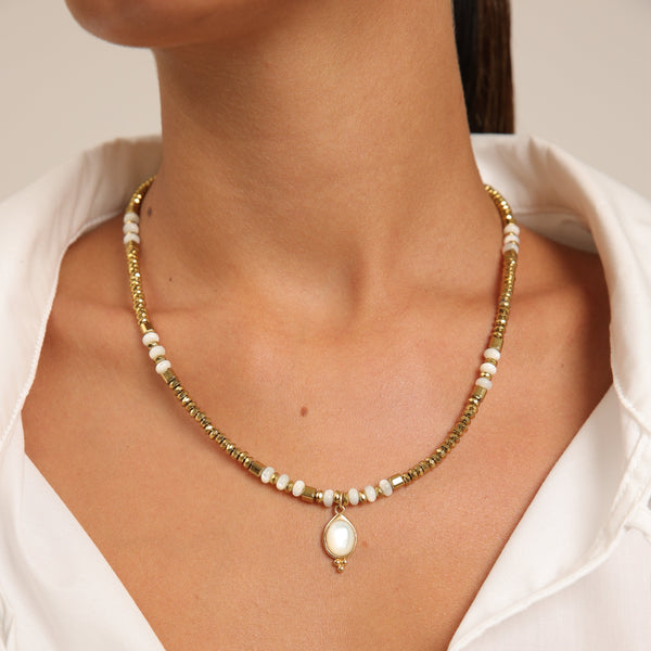 Hematite Necklace with Mother of Pearl Gold Pendant