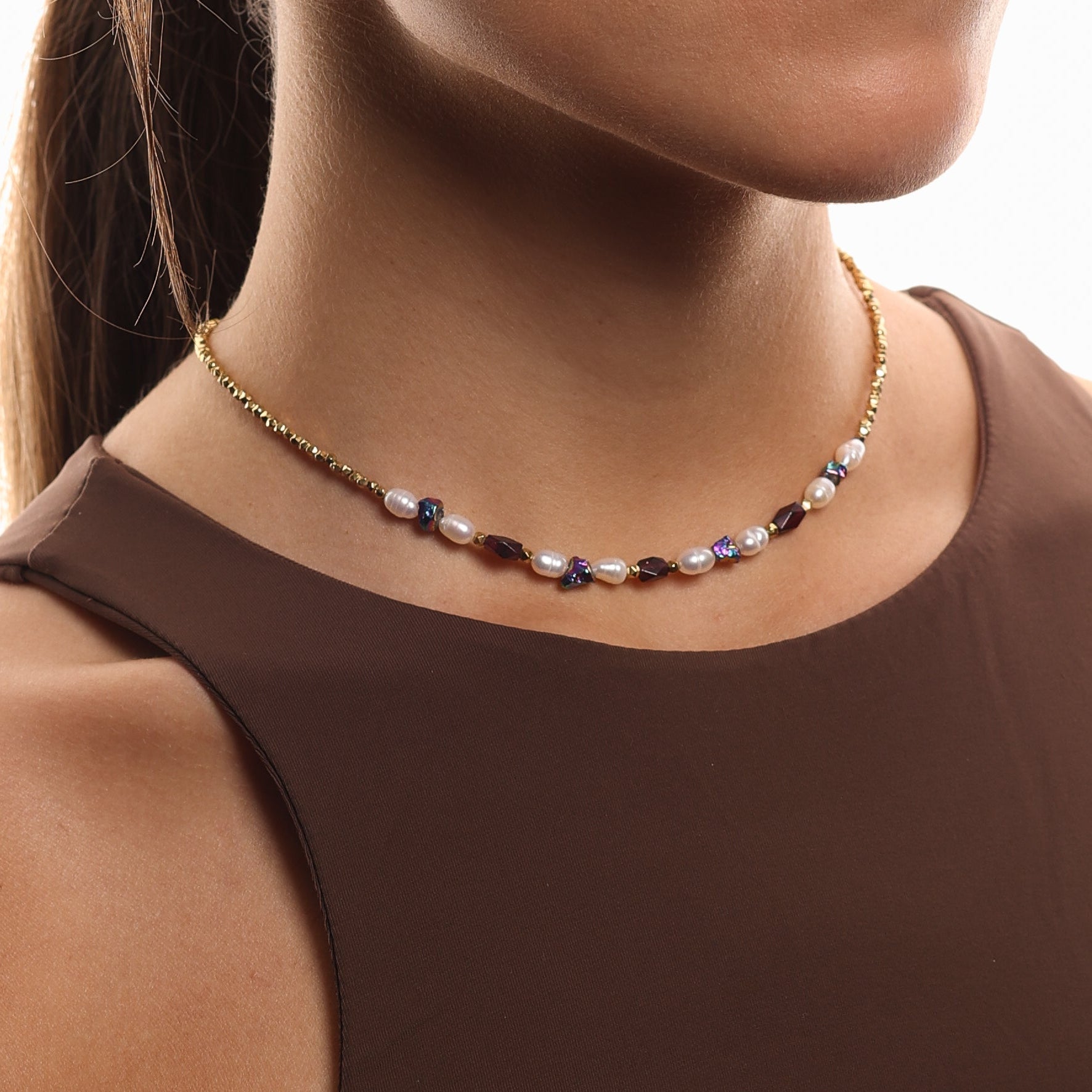 Hematite Choker with Pearl, Pyrite & Garnet