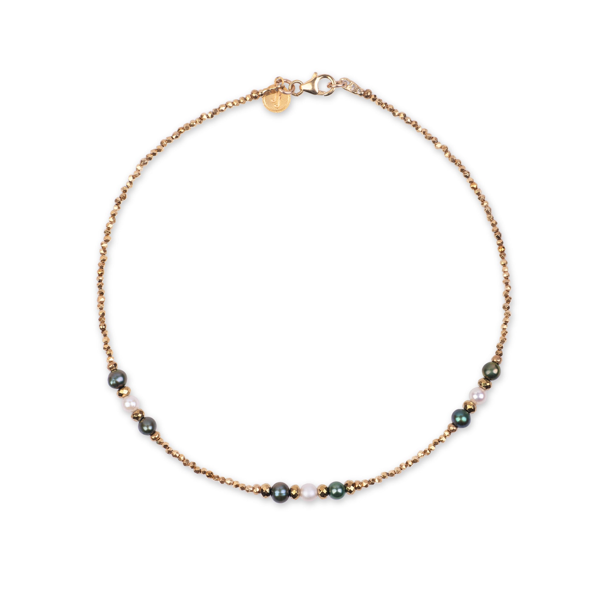 Gargantilla de hematita con perlas verdes y blancas