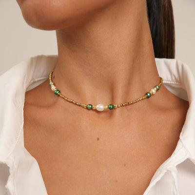 Hematite Choker with Green & White Pearls