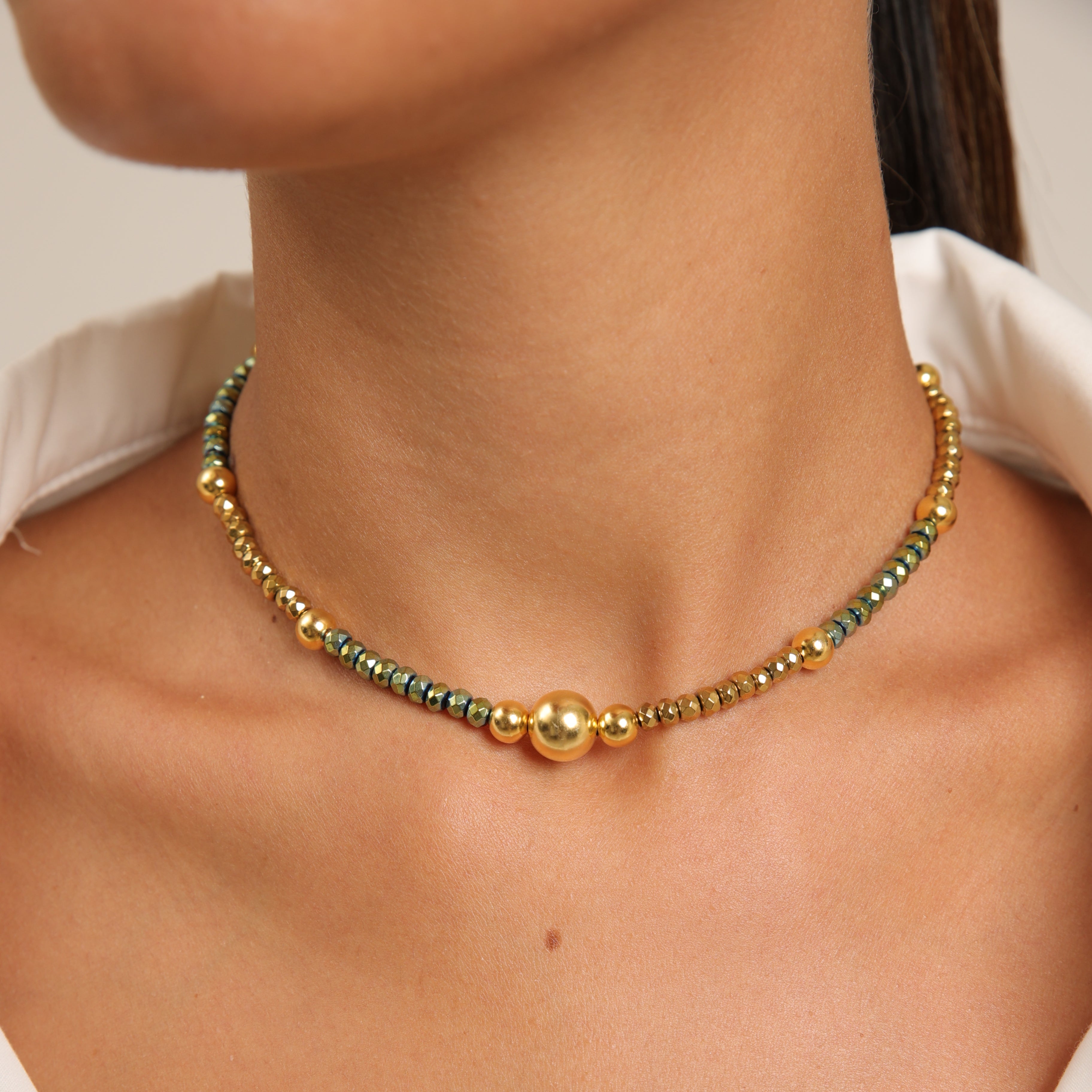 Hematite Choker with Gold Spheres