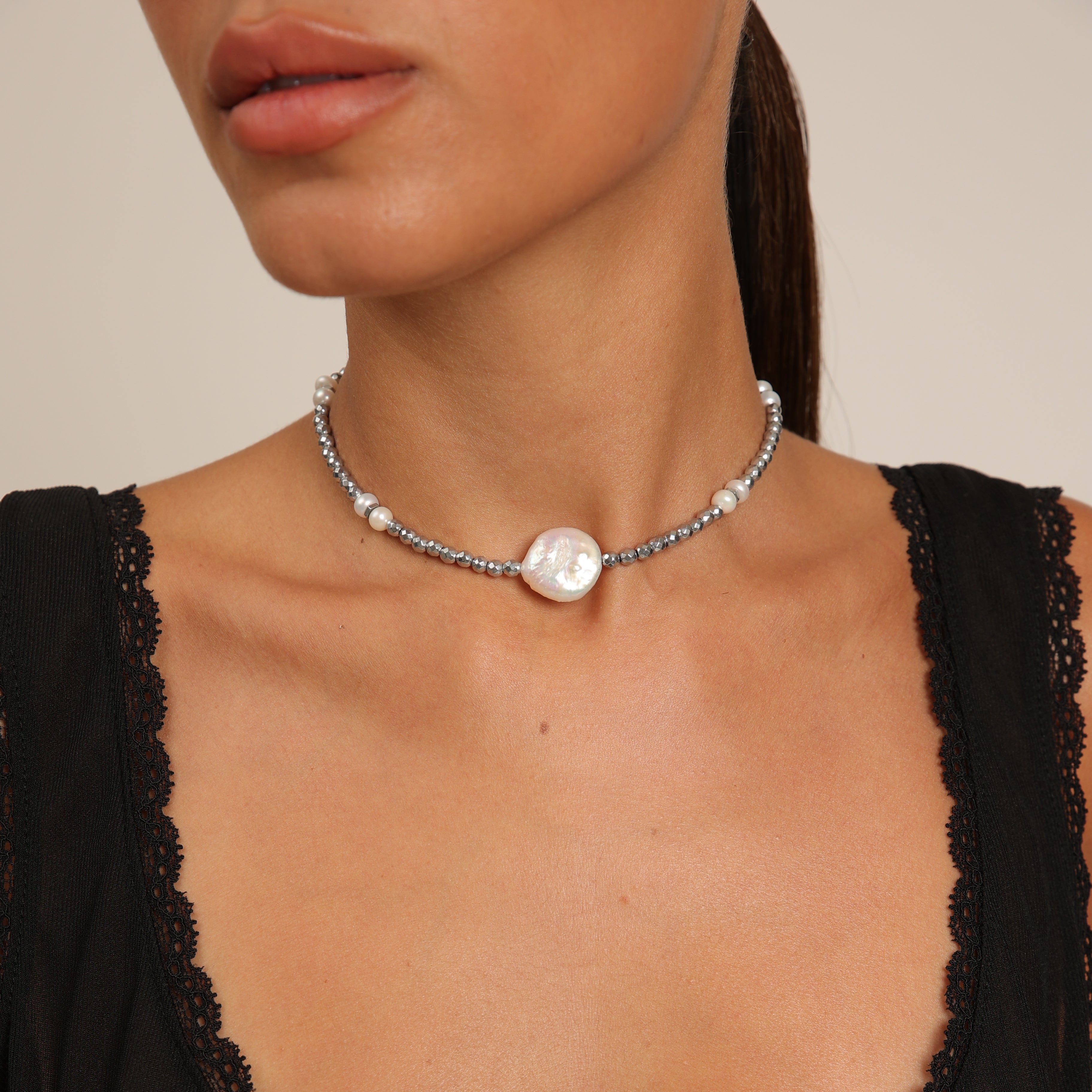 Hematite Choker with Pearls