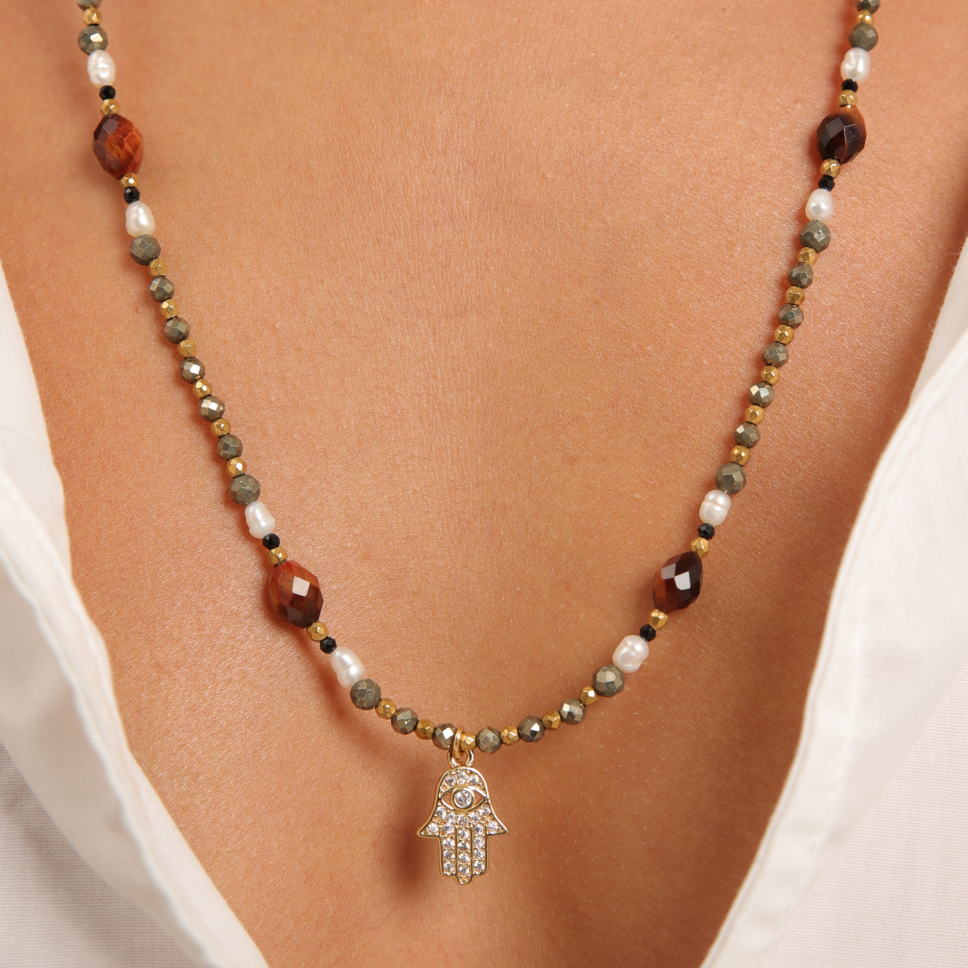 Collar de pirita con perlas de arroz y ojo de tigre