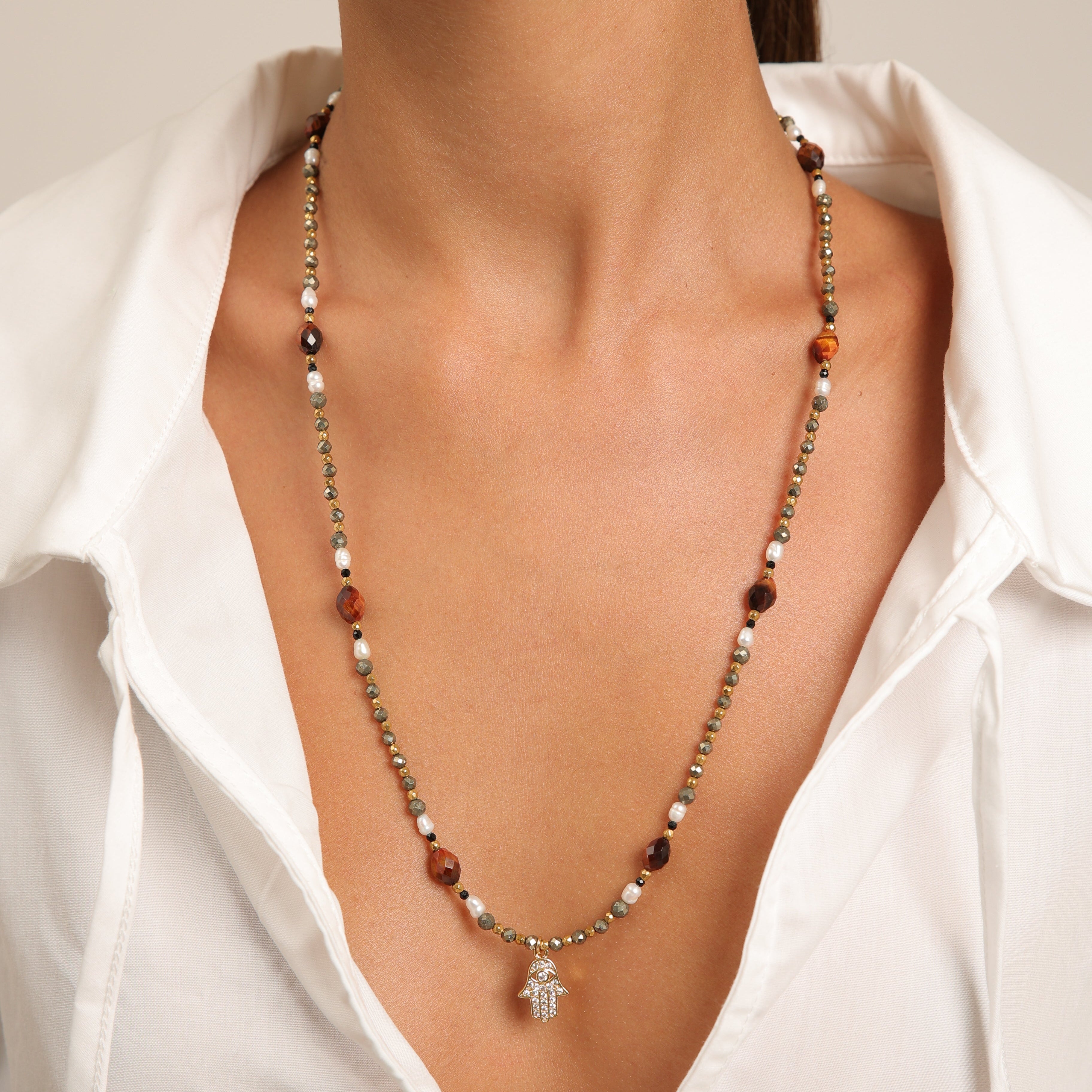 Collar de pirita con perlas de arroz y ojo de tigre