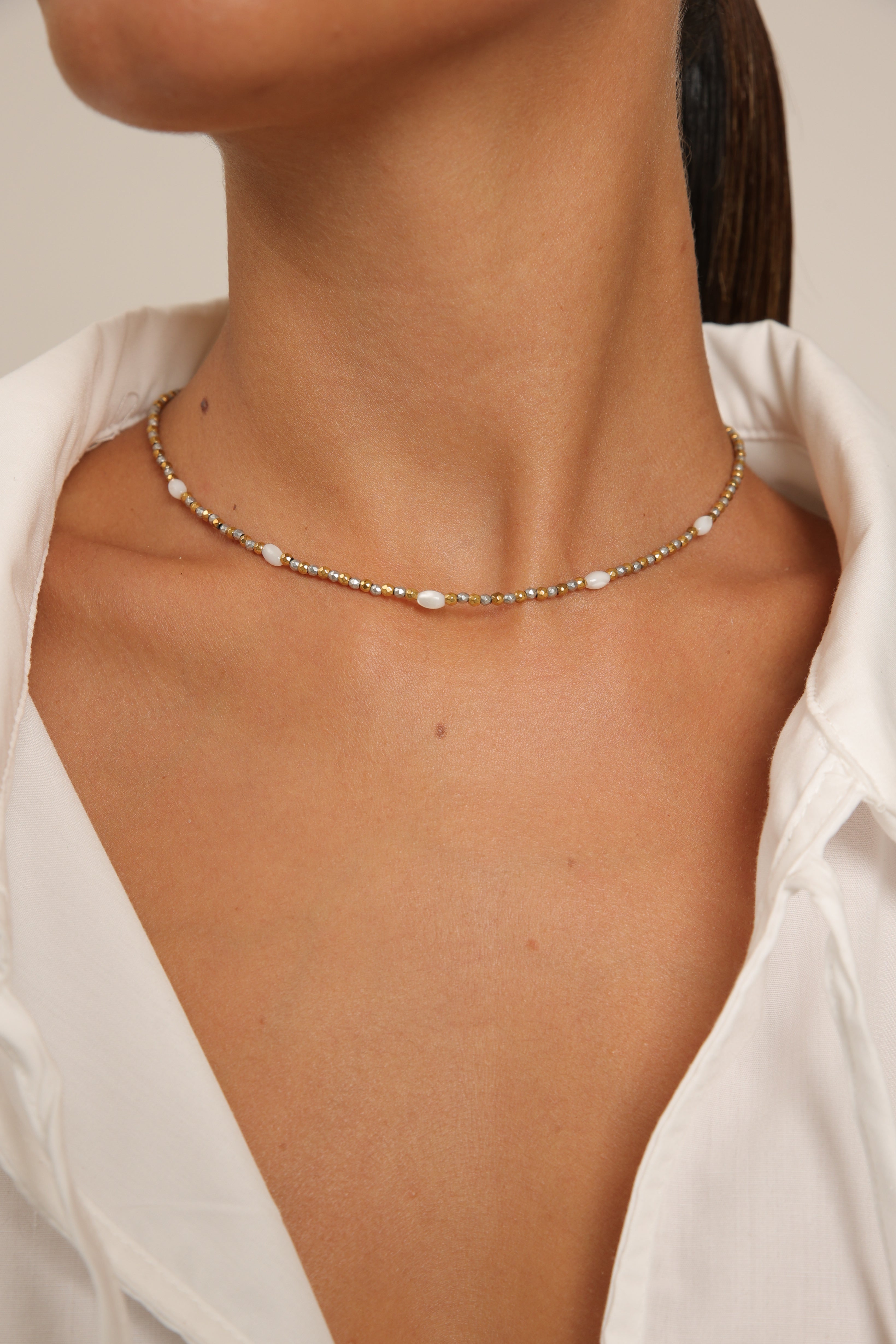 Hematite Choker with Rice Pearls