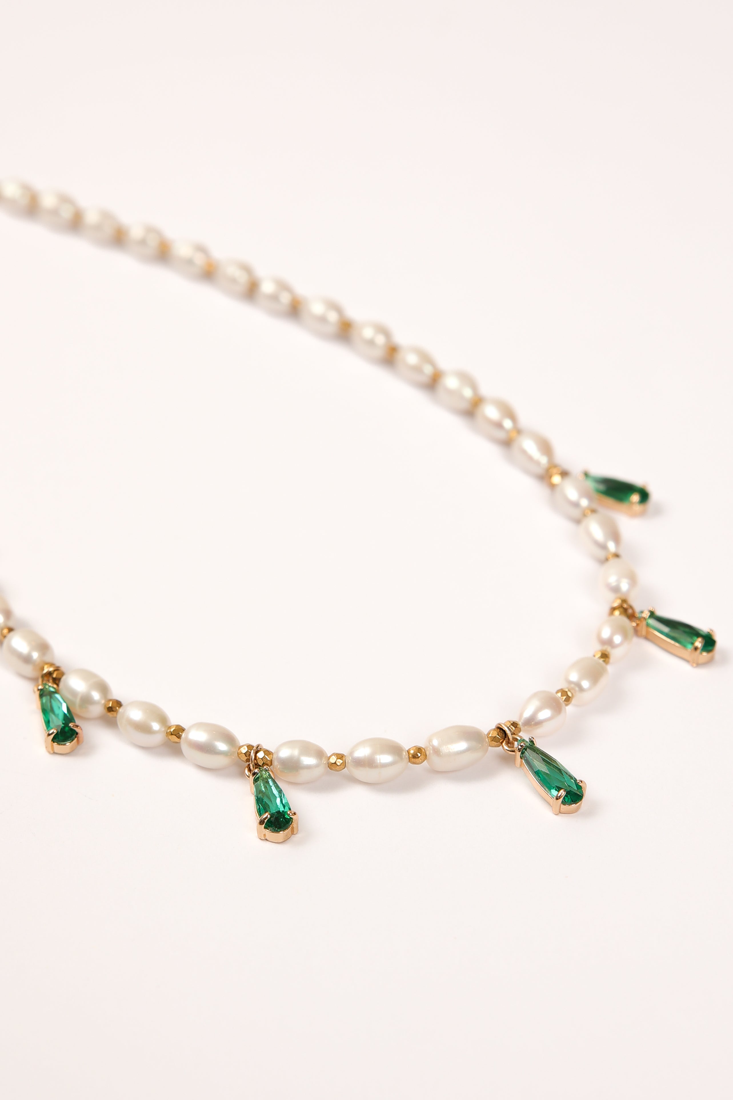 Pearl Necklace with Green Teardrop Pendants