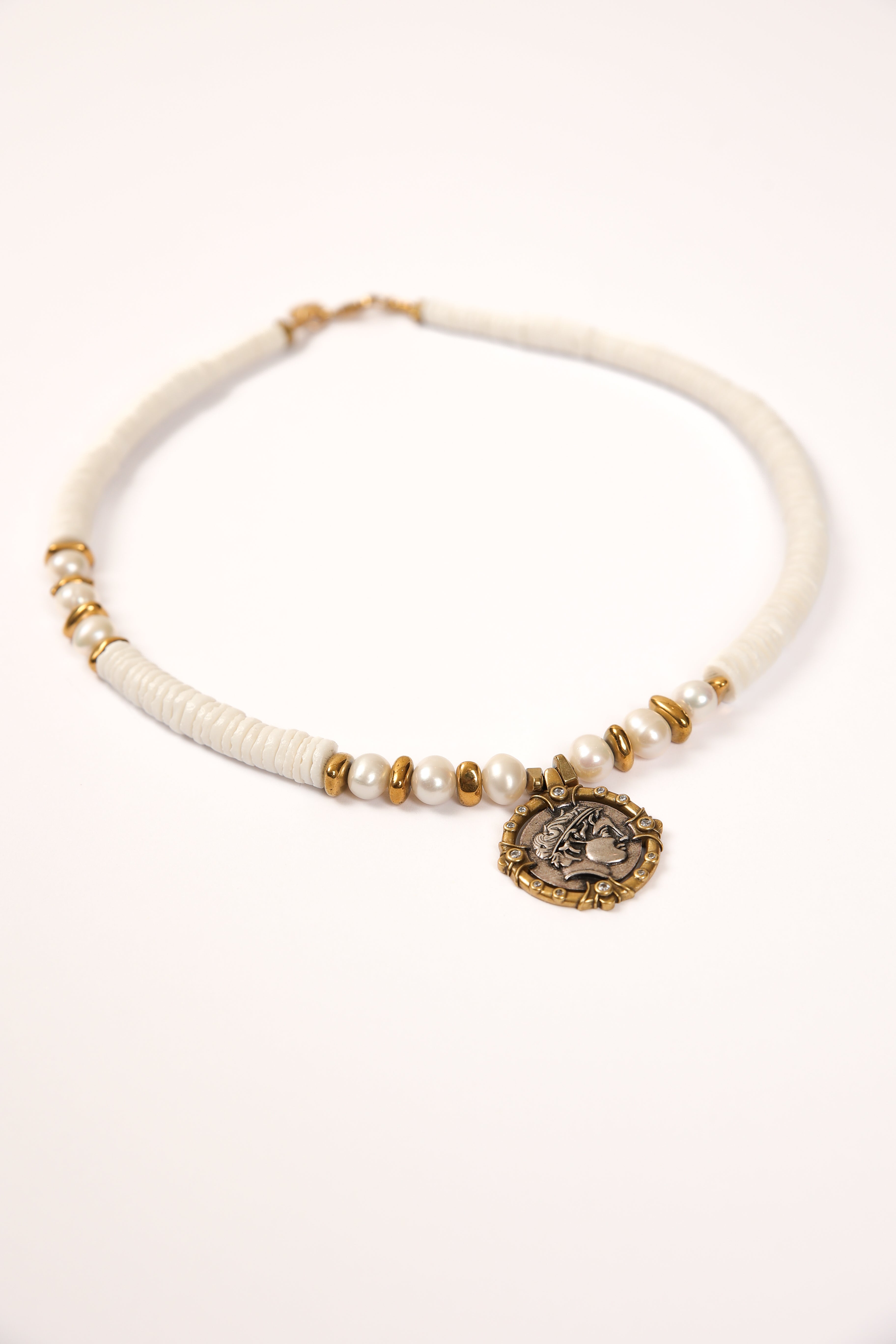 White Coral Choker with Roman Coin Pendant