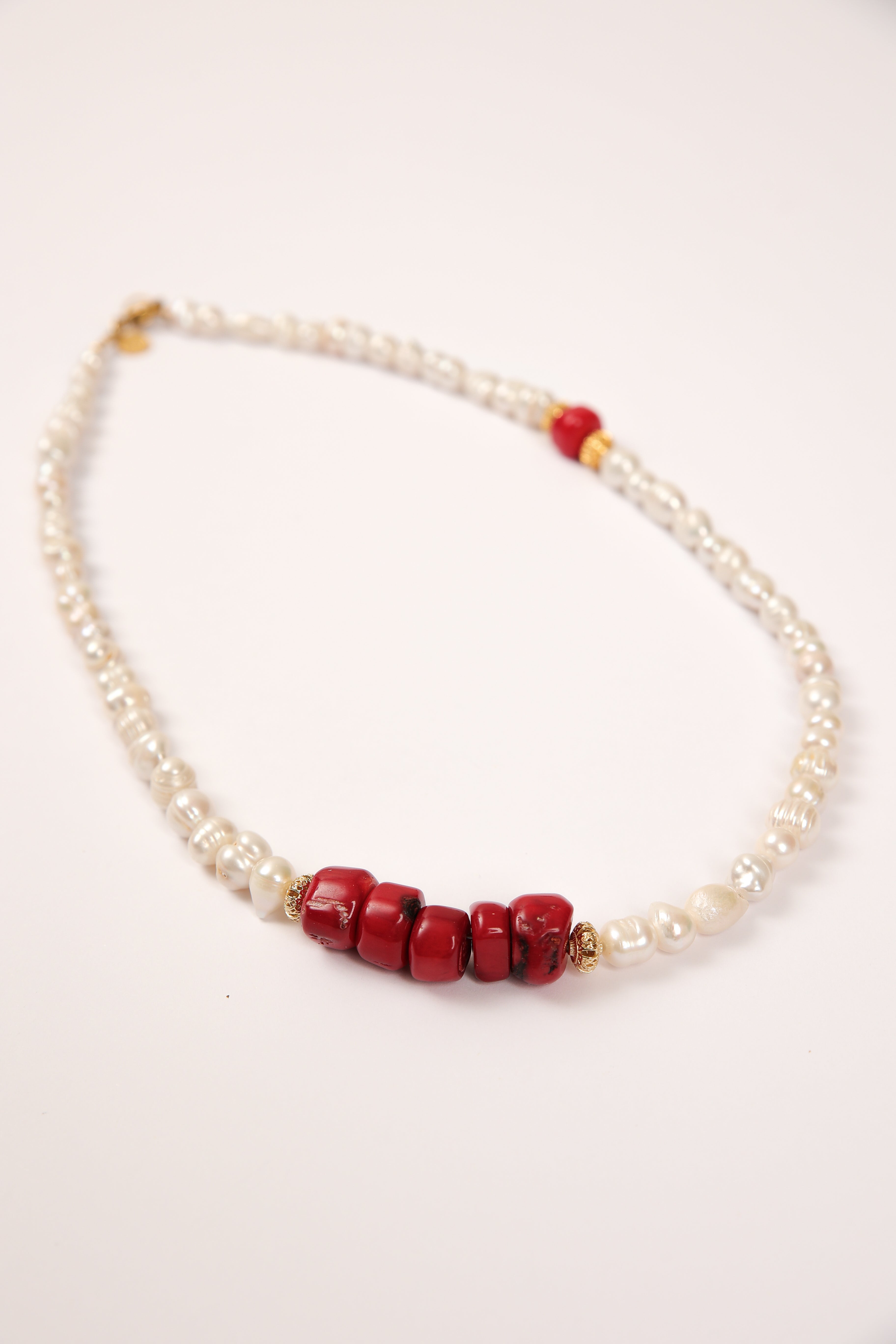 Pearls Necklace with Red Coral